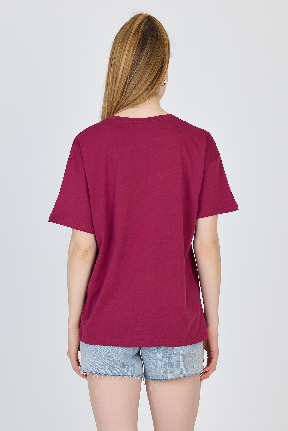 Bordo Oversize Zürafa Baskılı Tişört 2150-12M - 5