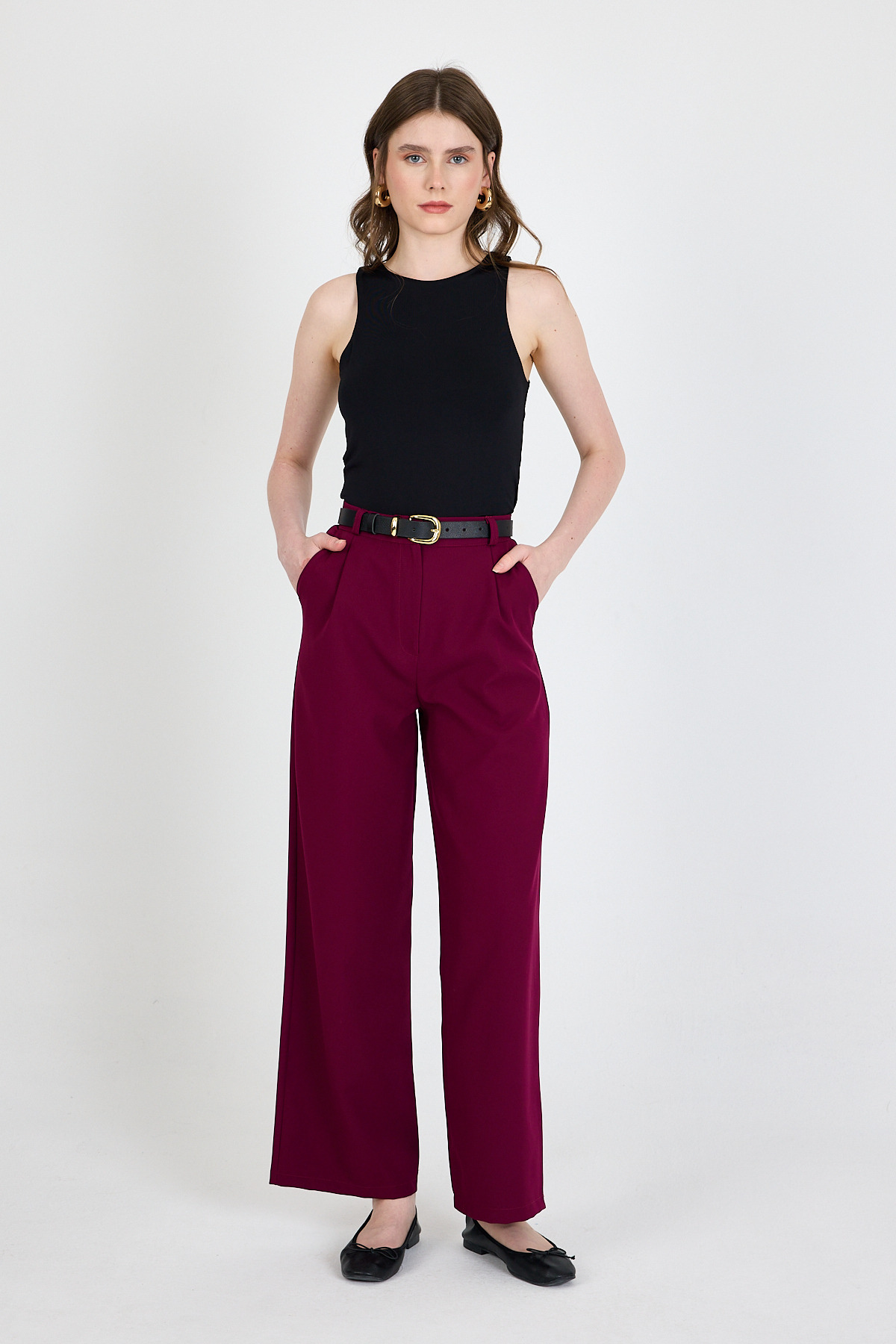 Bordo Pile Detaylı Palazzo Pantolon 4003A - 1