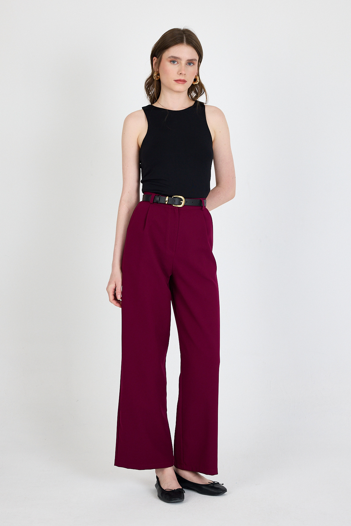 Bordo Pile Detaylı Palazzo Pantolon 4003A - 3