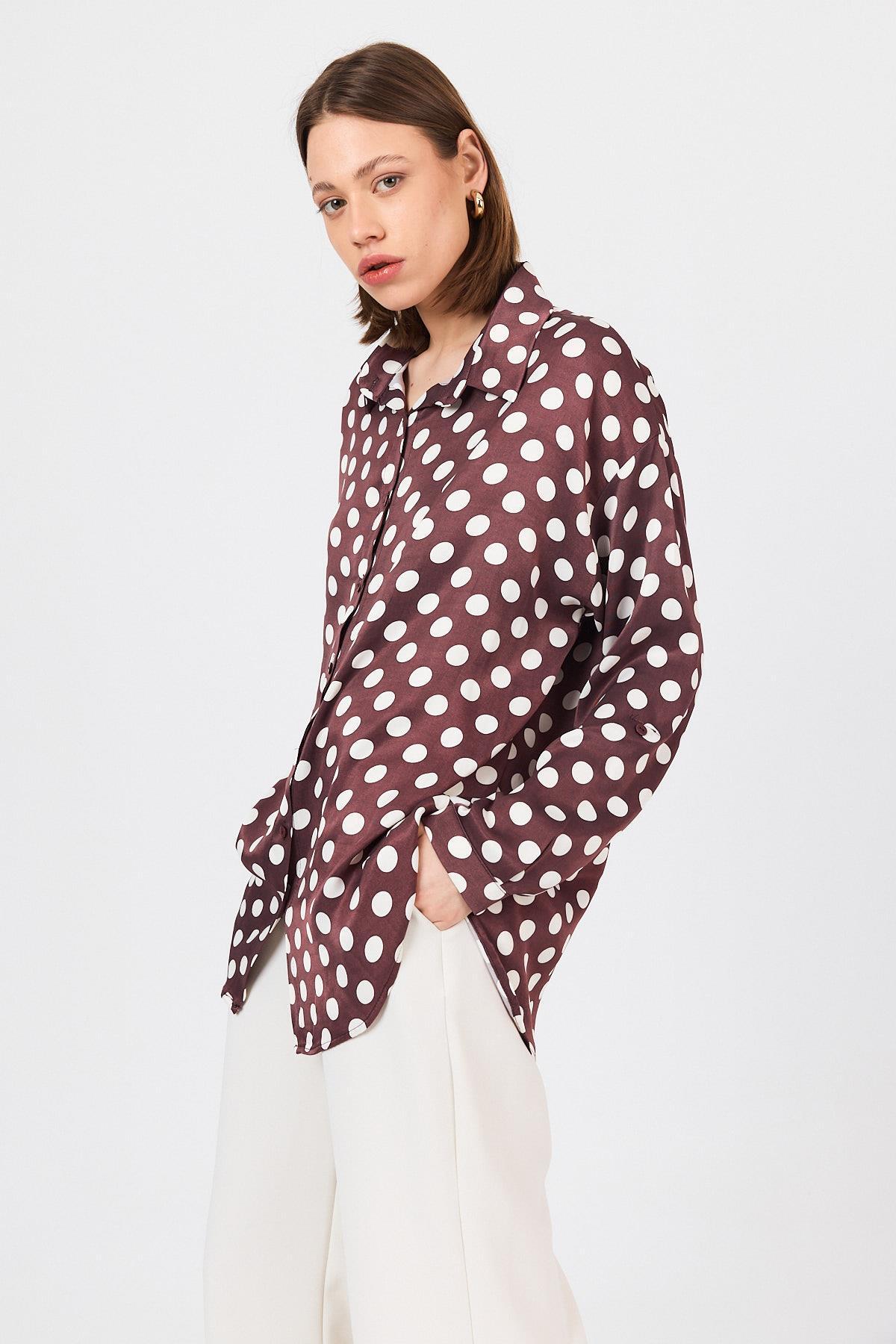 Bordo Puantiye Desen Oversize Saten Gömlek 9411 - 1