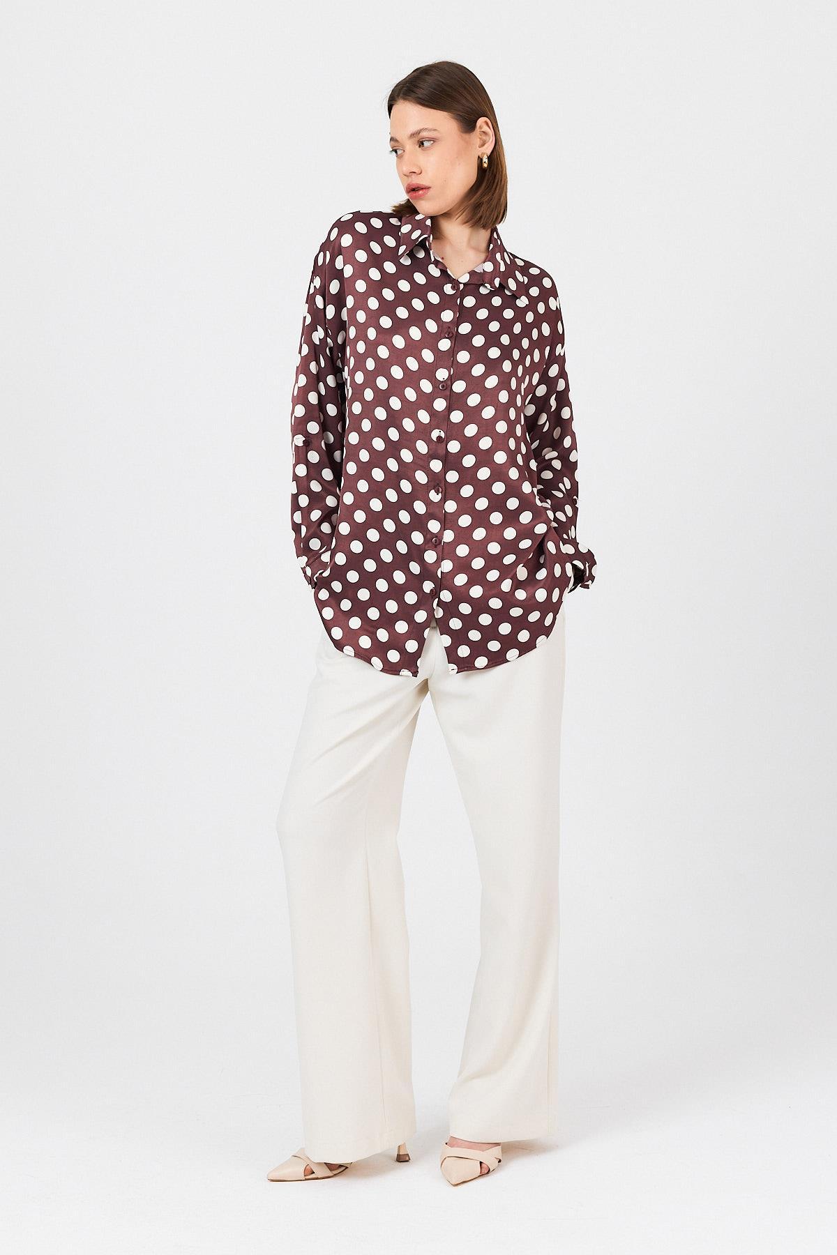 Bordo Puantiye Desen Oversize Saten Gömlek 9411 - 3