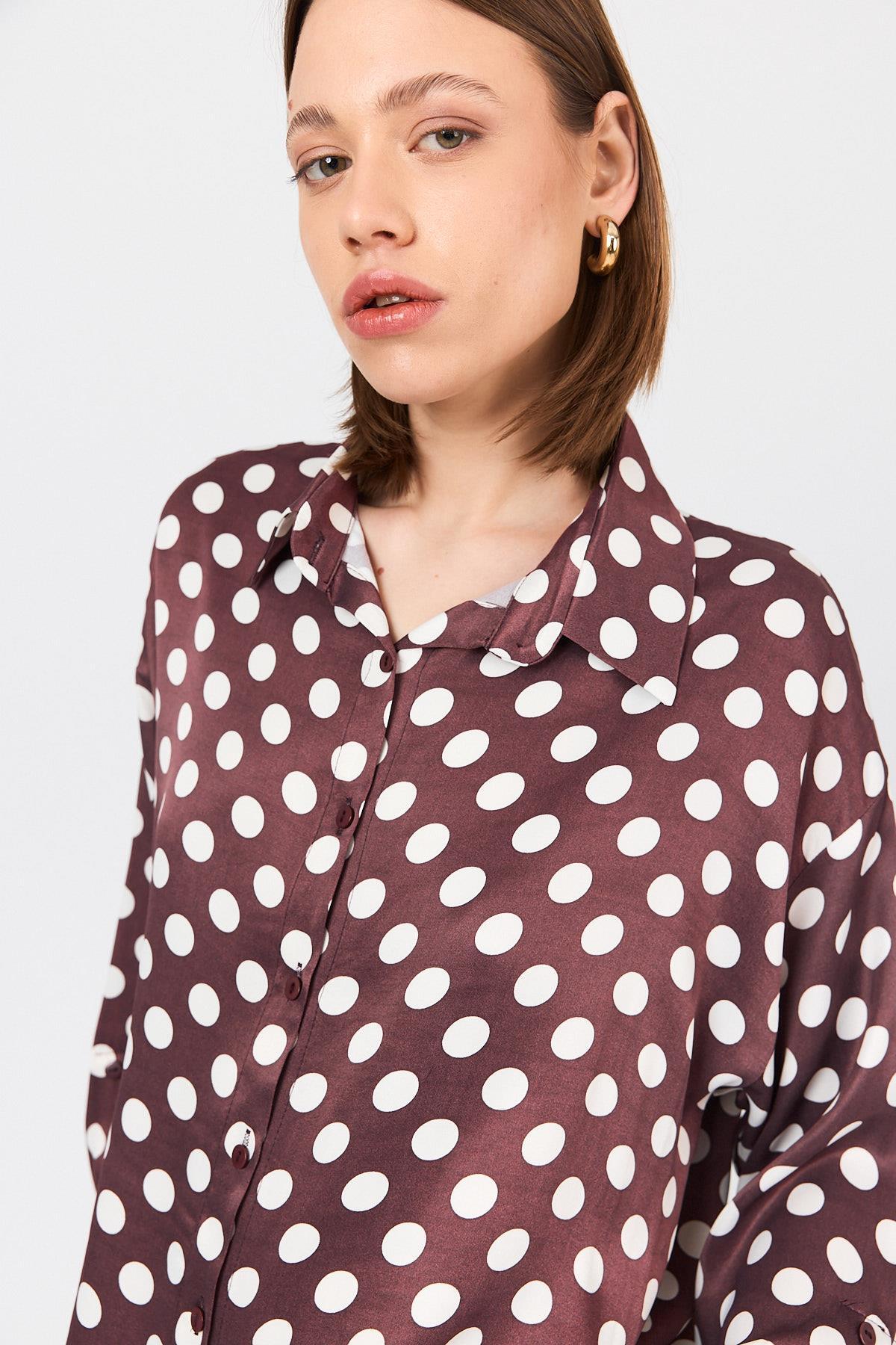 Bordo Puantiye Desen Oversize Saten Gömlek 9411 - 4