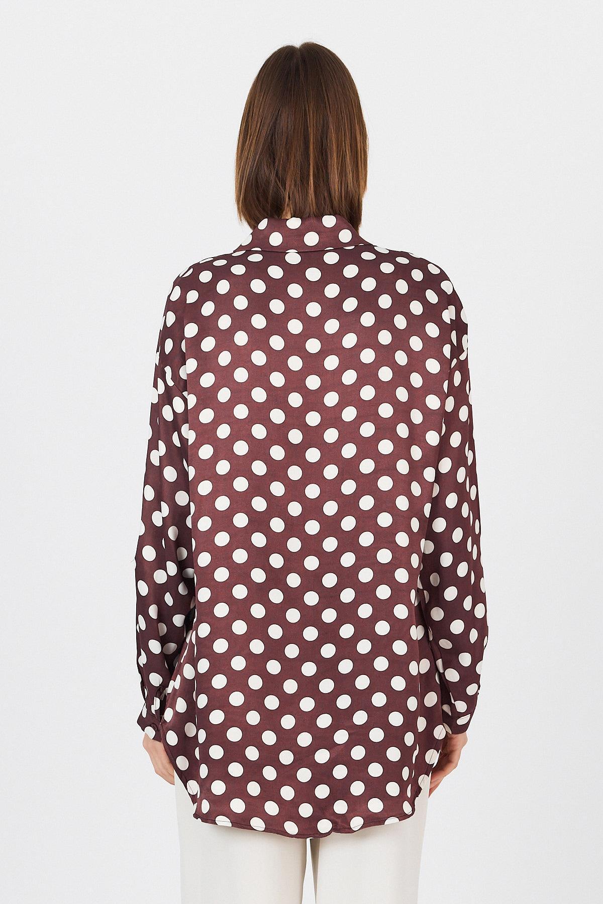 Bordo Puantiye Desen Oversize Saten Gömlek 9411 - 5