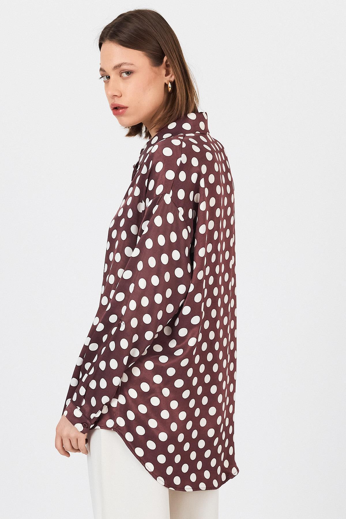 Bordo Puantiye Desen Oversize Saten Gömlek 9411 - 6