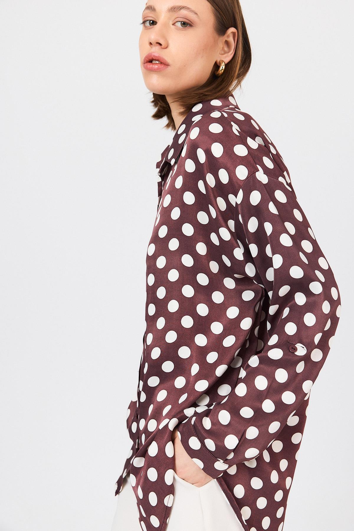 Bordo Puantiye Desen Oversize Saten Gömlek 9411 - 8