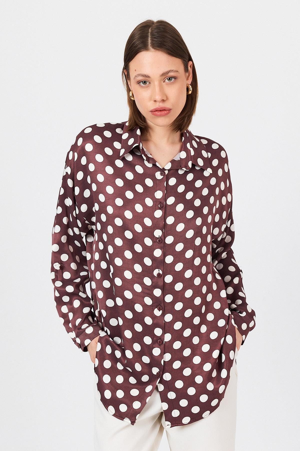 Bordo Puantiye Desen Oversize Saten Gömlek 9411 - 2