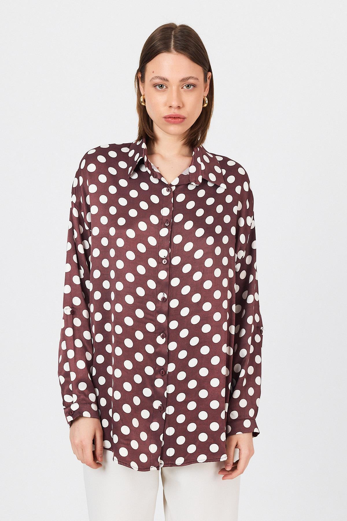 Bordo Puantiye Desen Oversize Saten Gömlek 9411 - 7