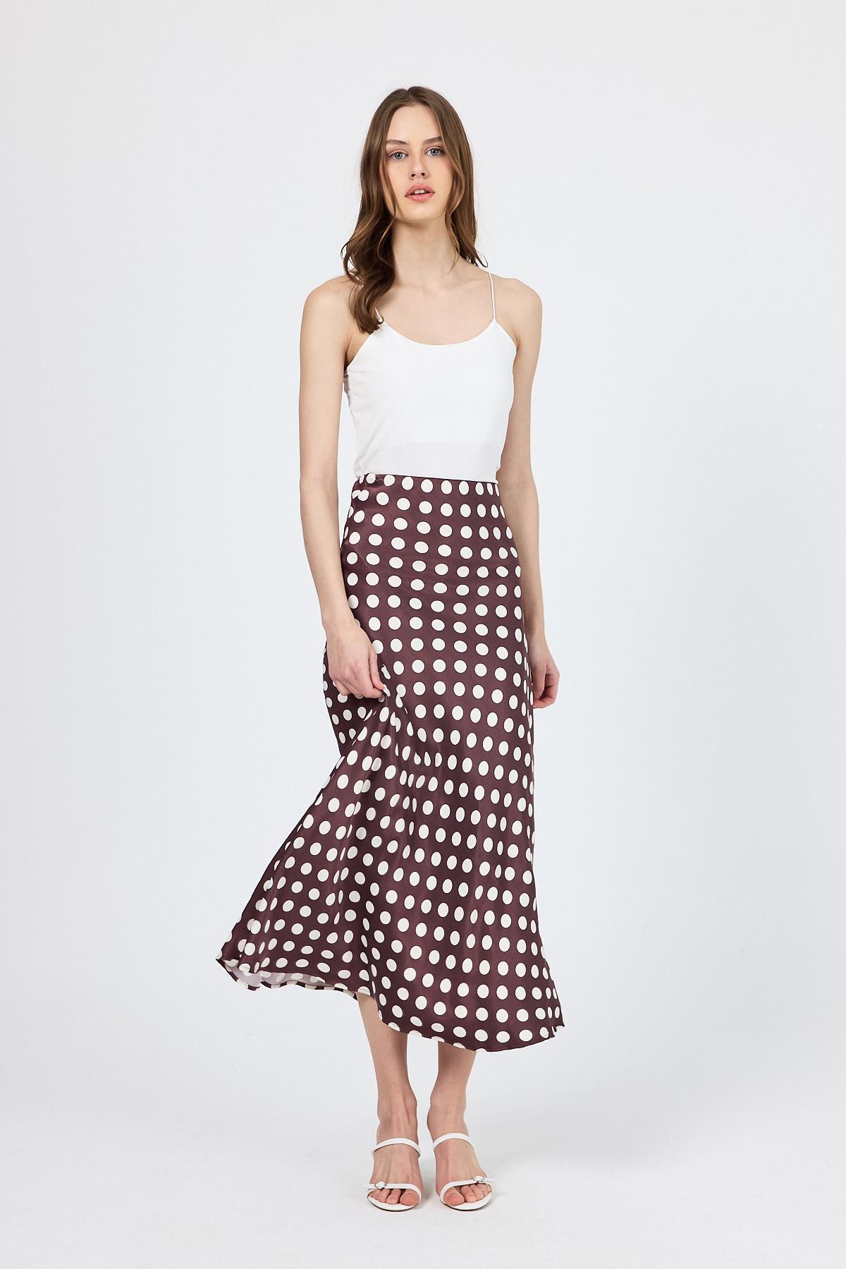 Bordo Puantiye Desen Saten Midi Etek 9416 - 6