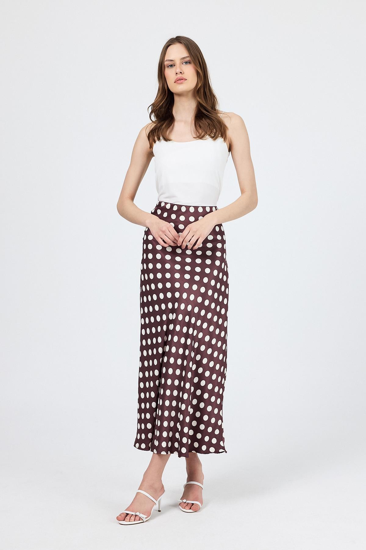 Bordo Puantiye Desen Saten Midi Etek 9416 - 7