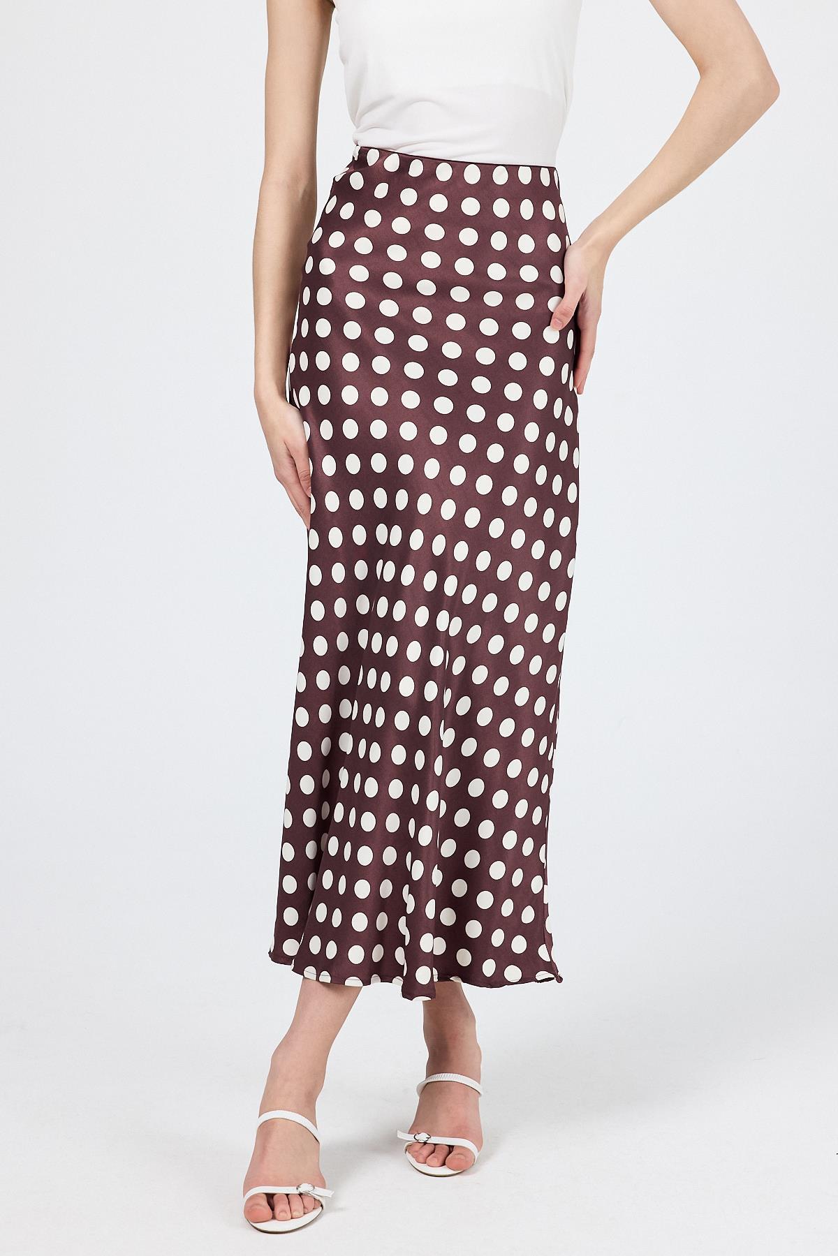 Bordo Puantiye Desen Saten Midi Etek 9416 - 8