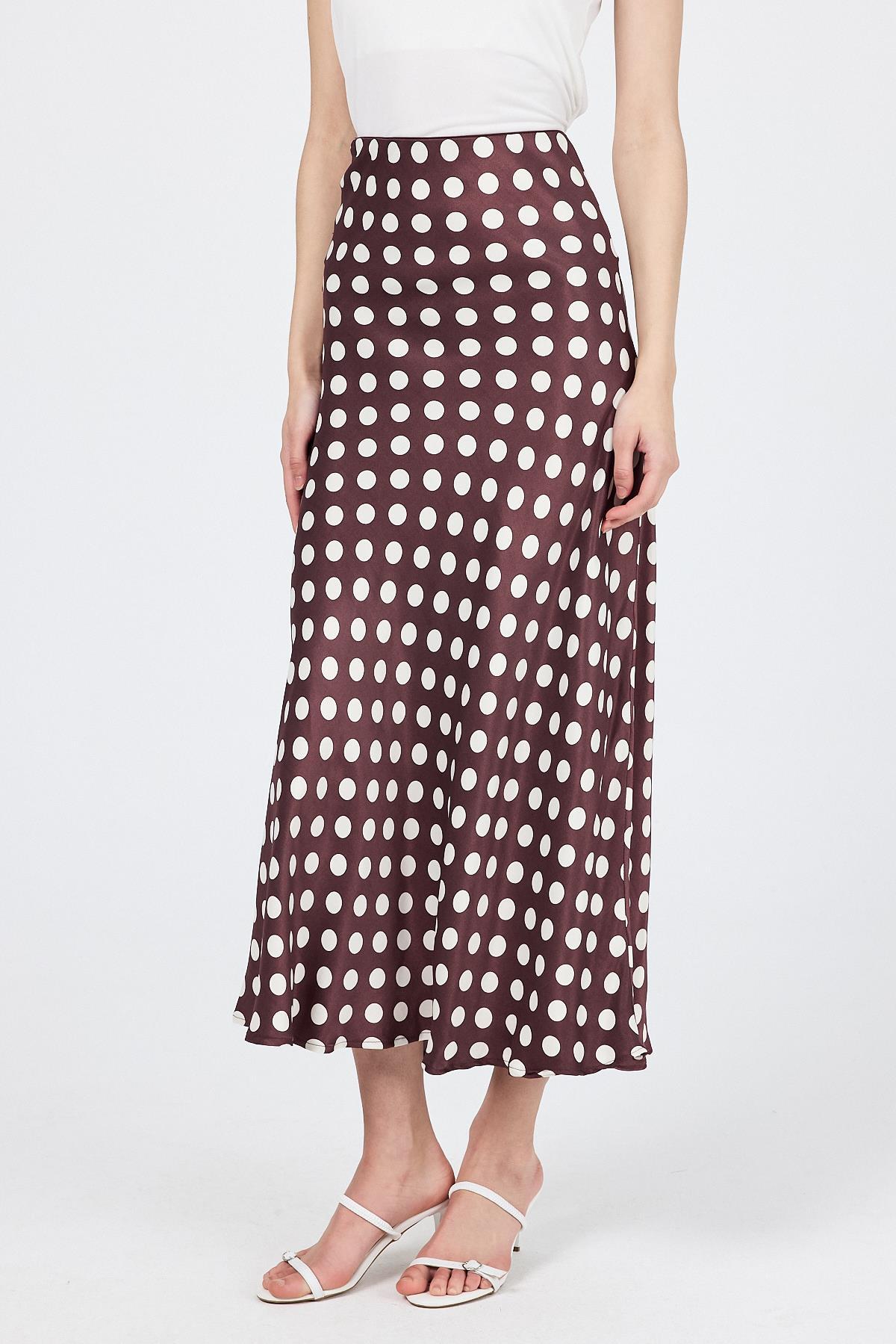 Bordo Puantiye Desen Saten Midi Etek 9416 - 3