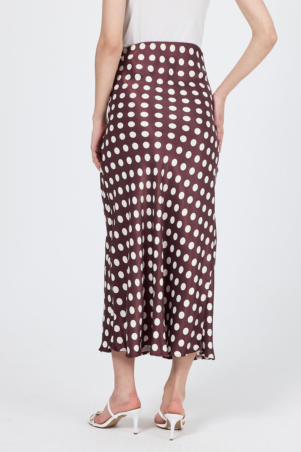 Bordo Puantiye Desen Saten Midi Etek 9416 - 5