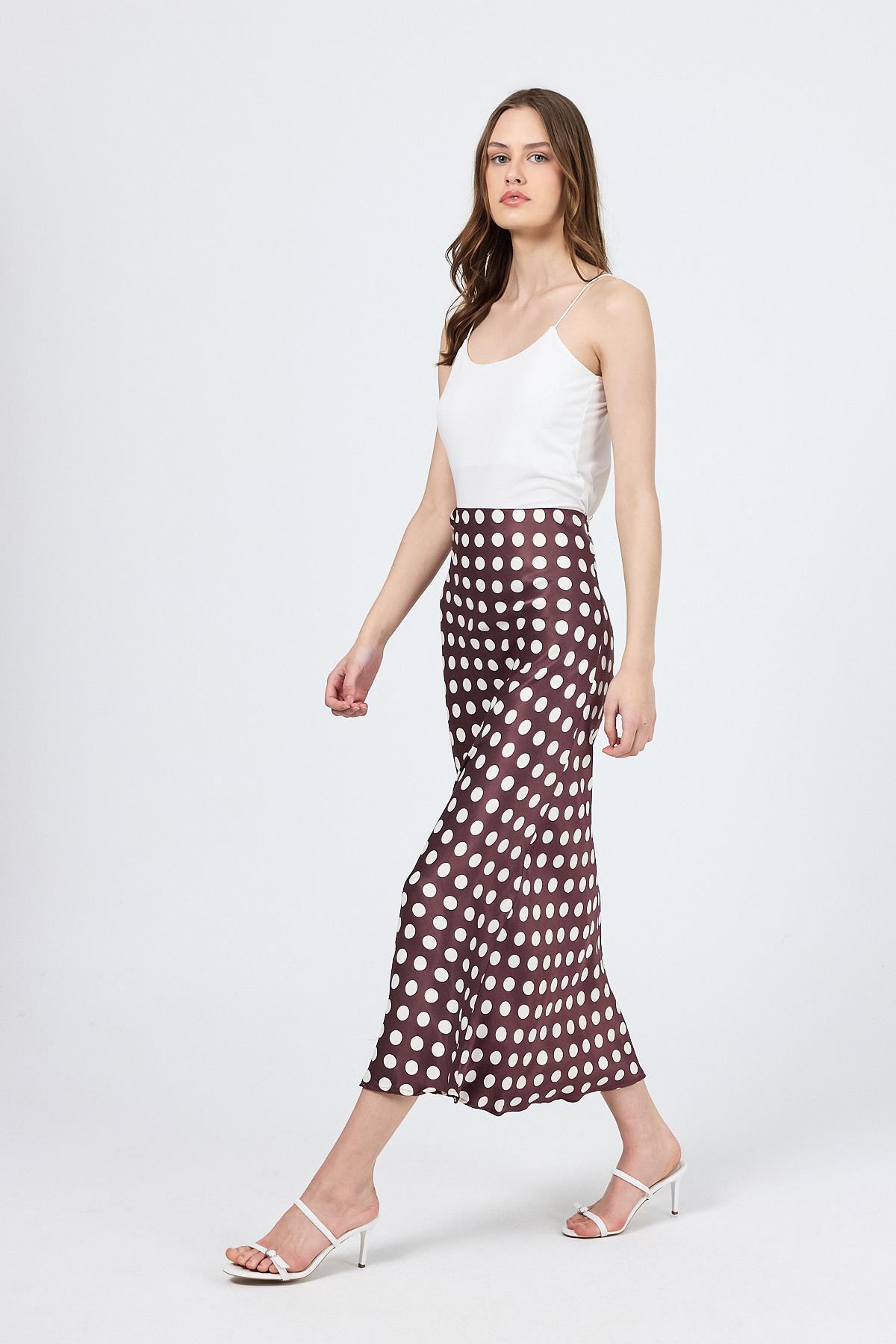 Bordo Puantiye Desen Saten Midi Etek 9416 - 1