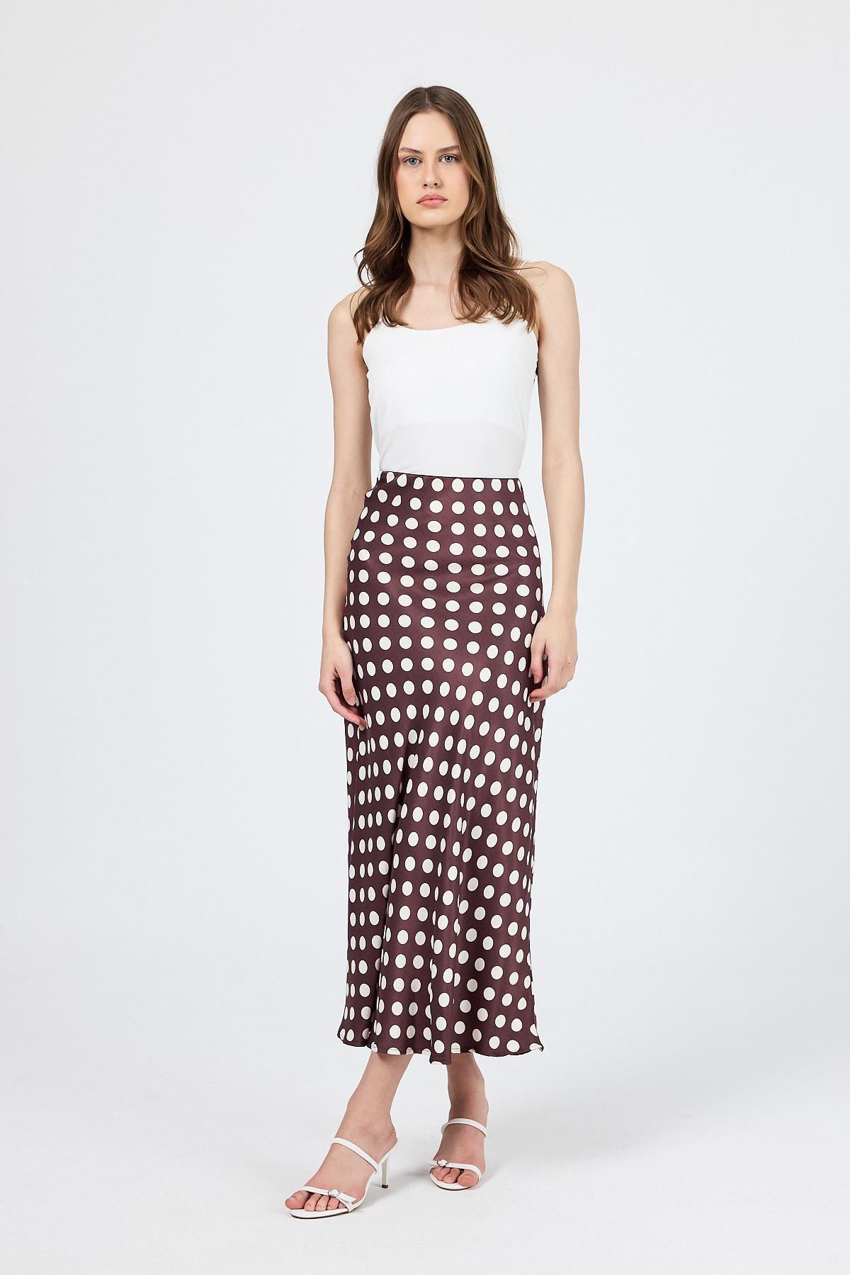Bordo Puantiye Desen Saten Midi Etek 9416 - RAYS