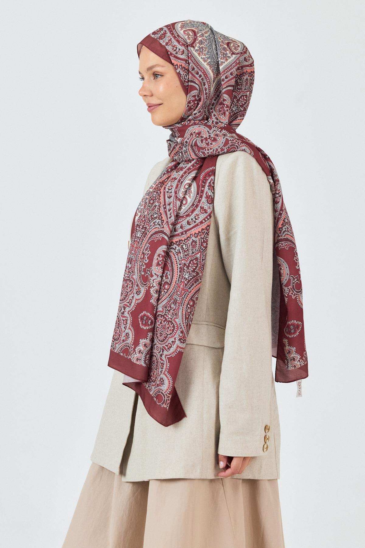 Bordo Retro Desenli Şal 4002 - 2