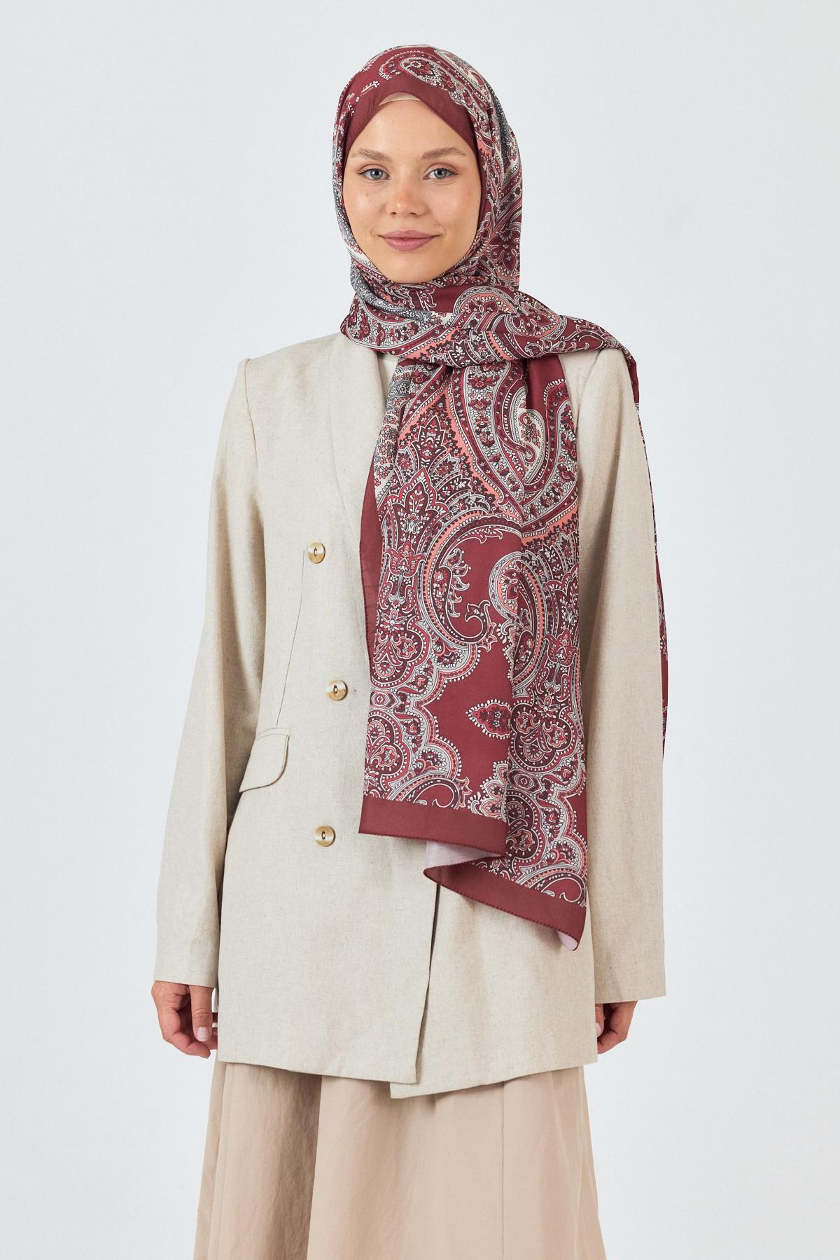 Bordo Retro Desenli Şal 4002 - 3