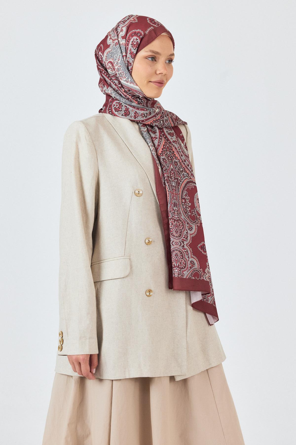 Bordo Retro Desenli Şal 4002 - 7