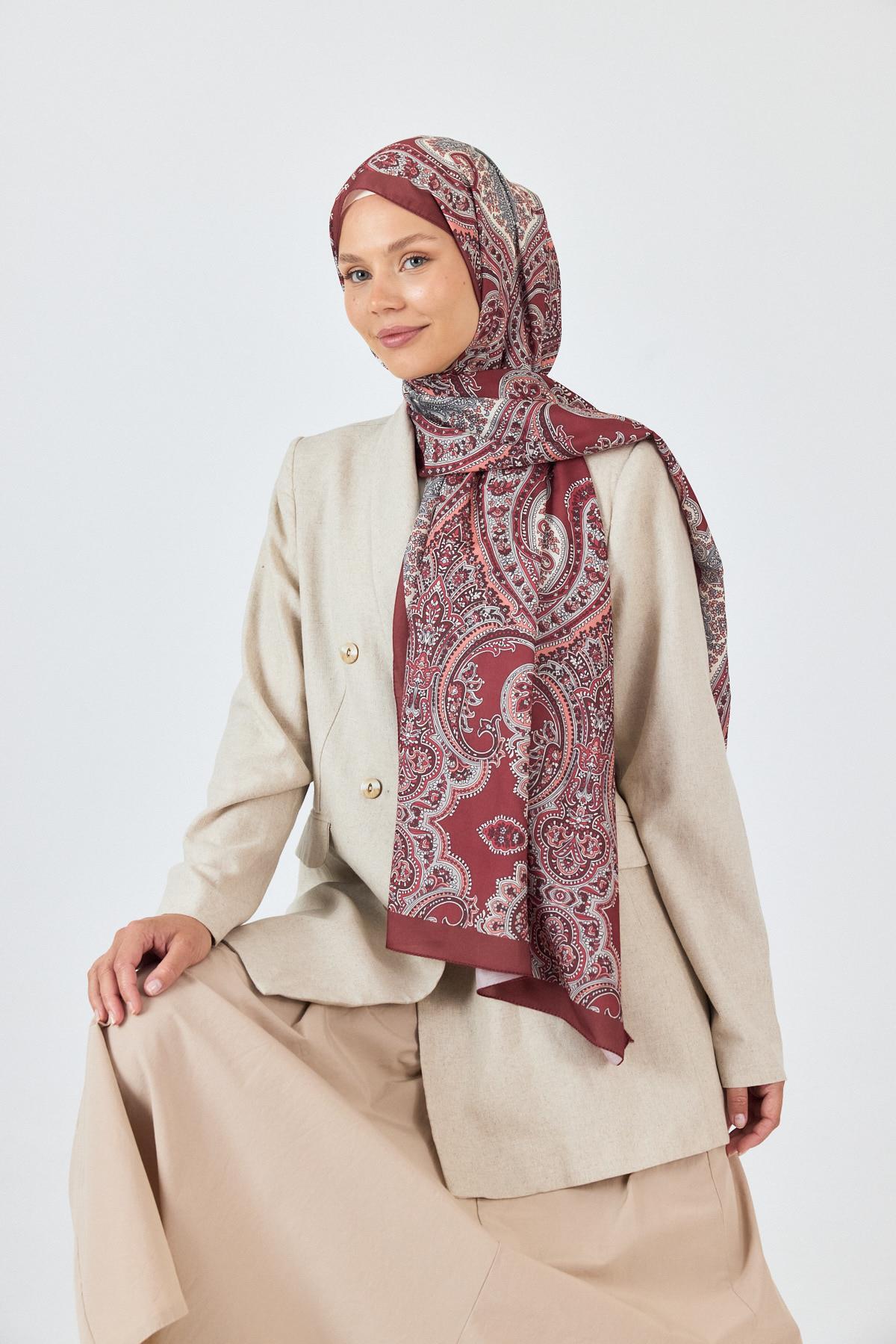 Bordo Retro Desenli Şal 4002 - 1