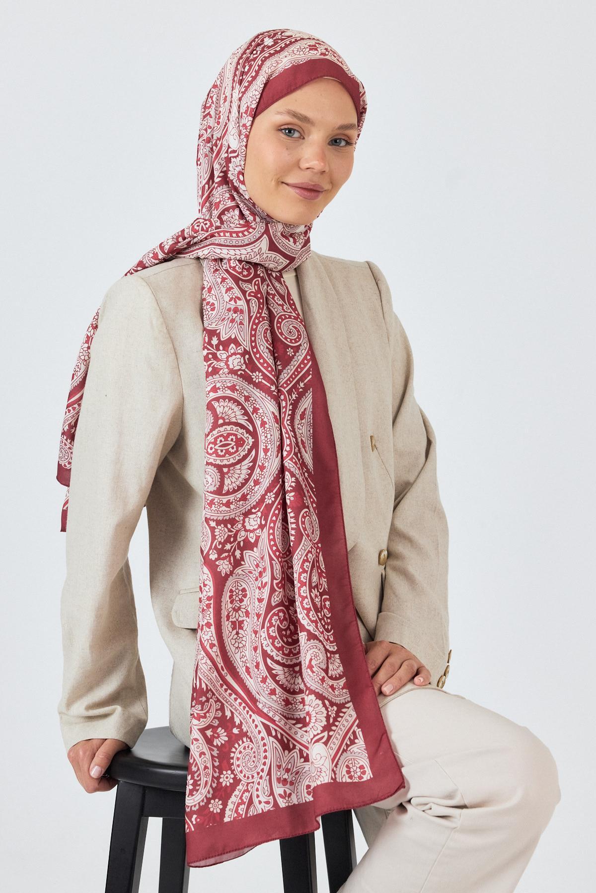 Bordo Retro Desenli Şal 4004 