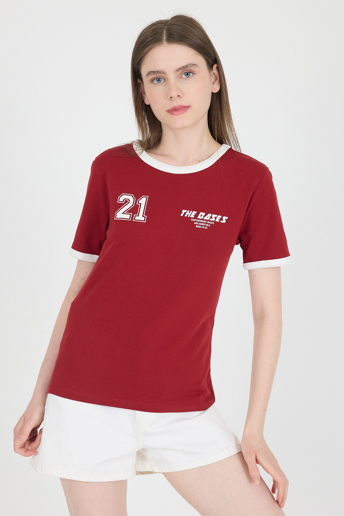 Bordo Ribanalı Yazı Baskılı Slim Fit Tişört 5981 - RAYS