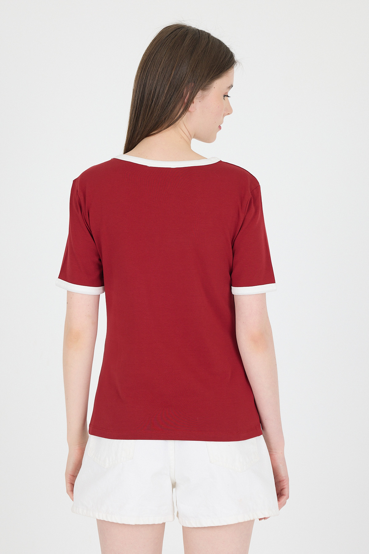 Bordo Ribanalı Yazı Baskılı Slim Fit Tişört 5981 - 5