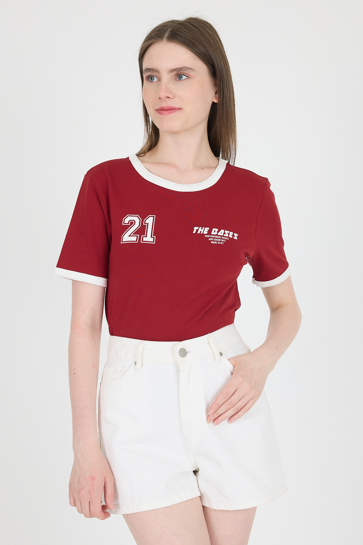 Bordo Ribanalı Yazı Baskılı Slim Fit Tişört 5981 - RAYS