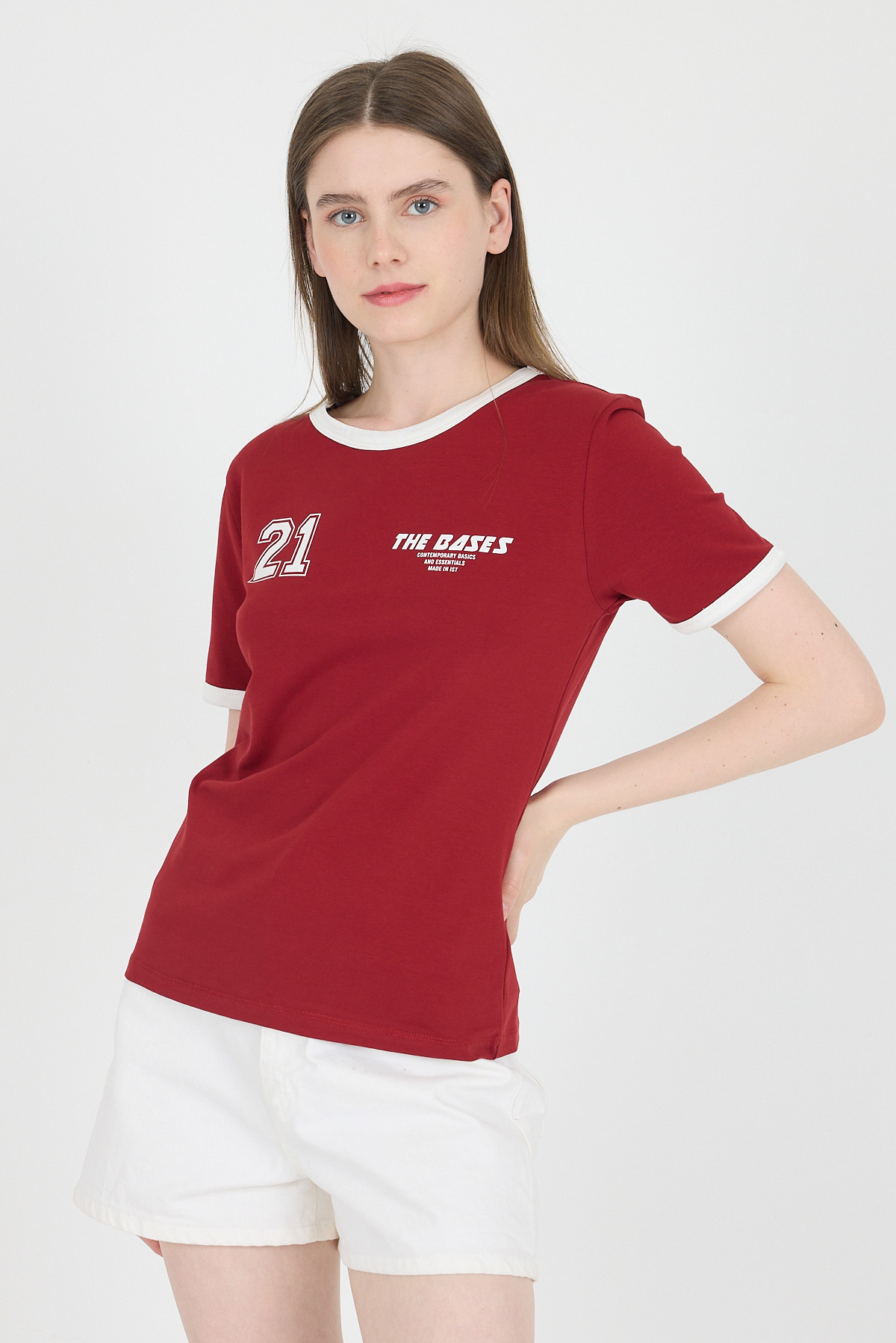 Bordo Ribanalı Yazı Baskılı Slim Fit Tişört 5981 - 6