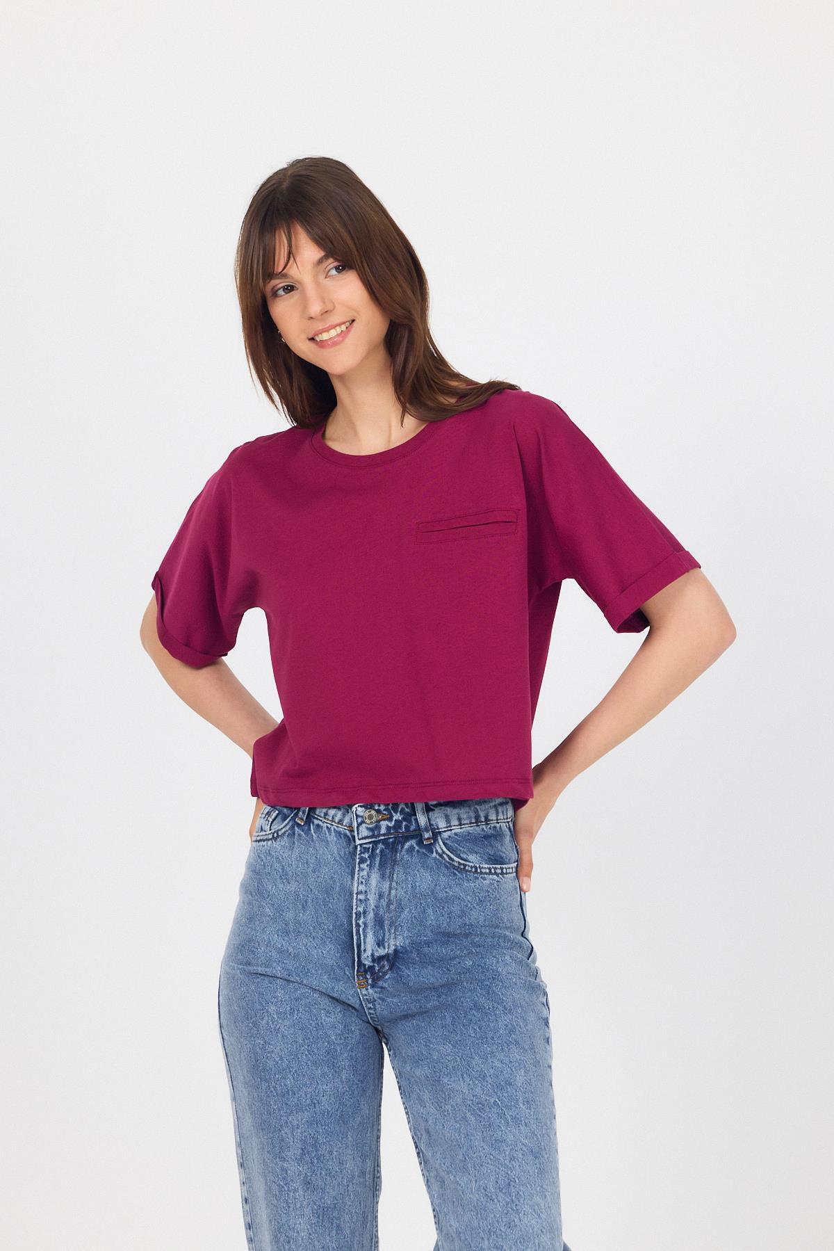 Bordo Cep Detaylı Bisiklet Yaka Crop Tişört 2136M 