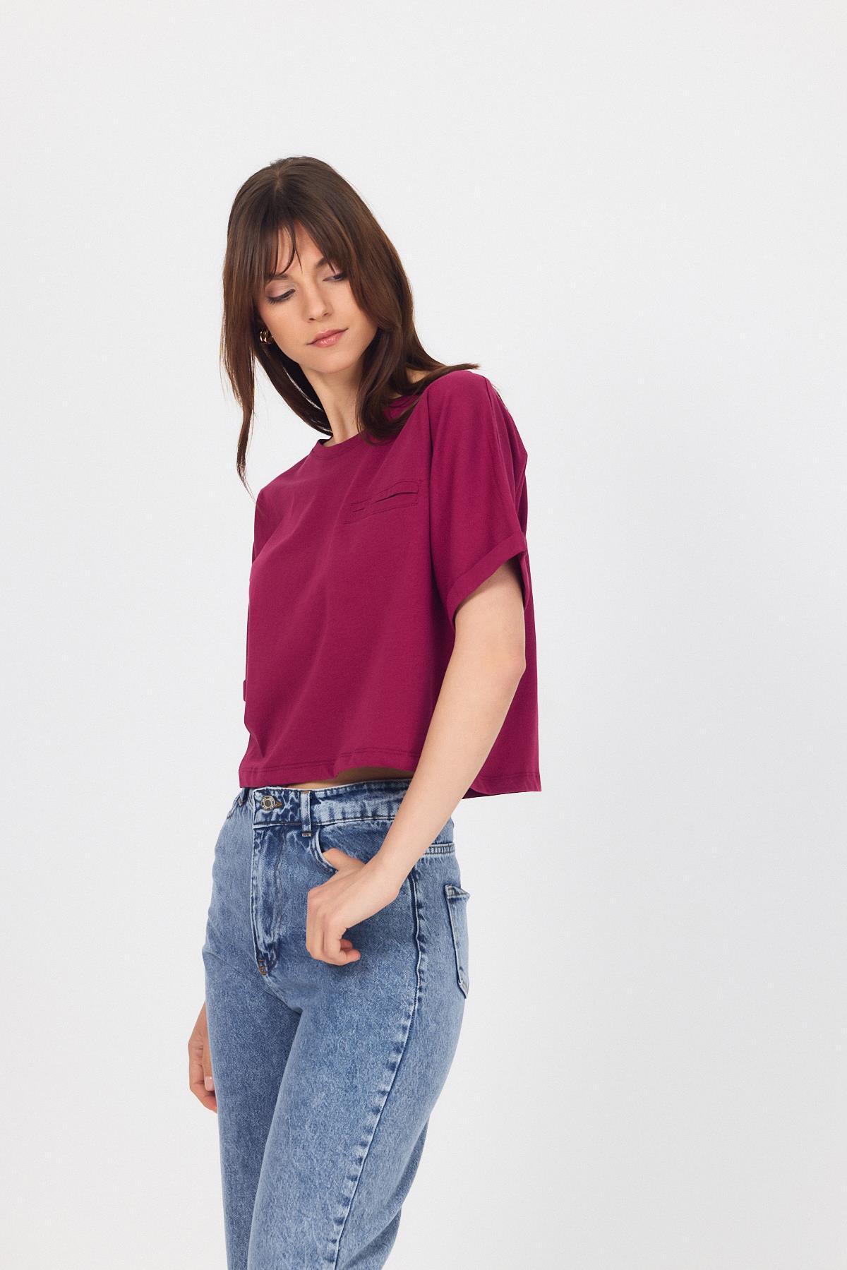 Bordo Cep Detaylı Bisiklet Yaka Crop Tişört 2136M - 4