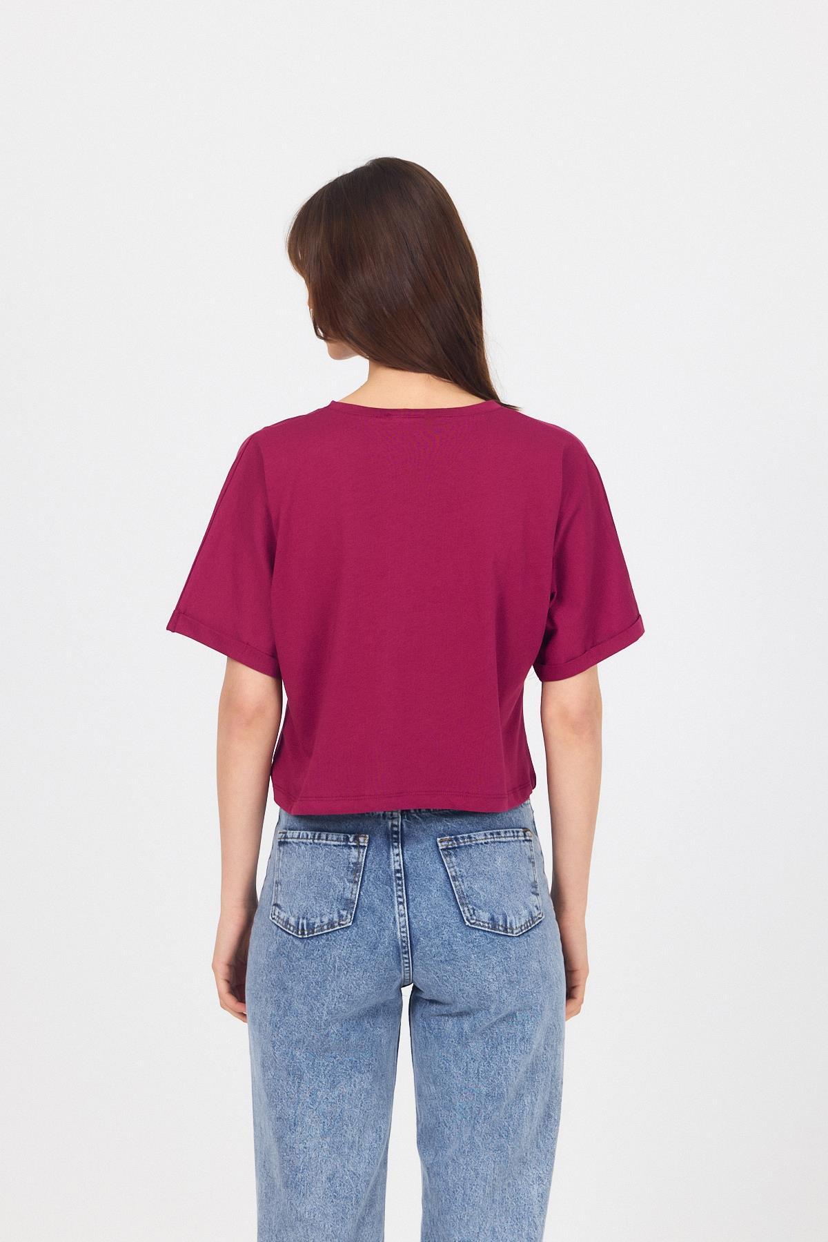 Bordo Cep Detaylı Bisiklet Yaka Crop Tişört 2136M - 5