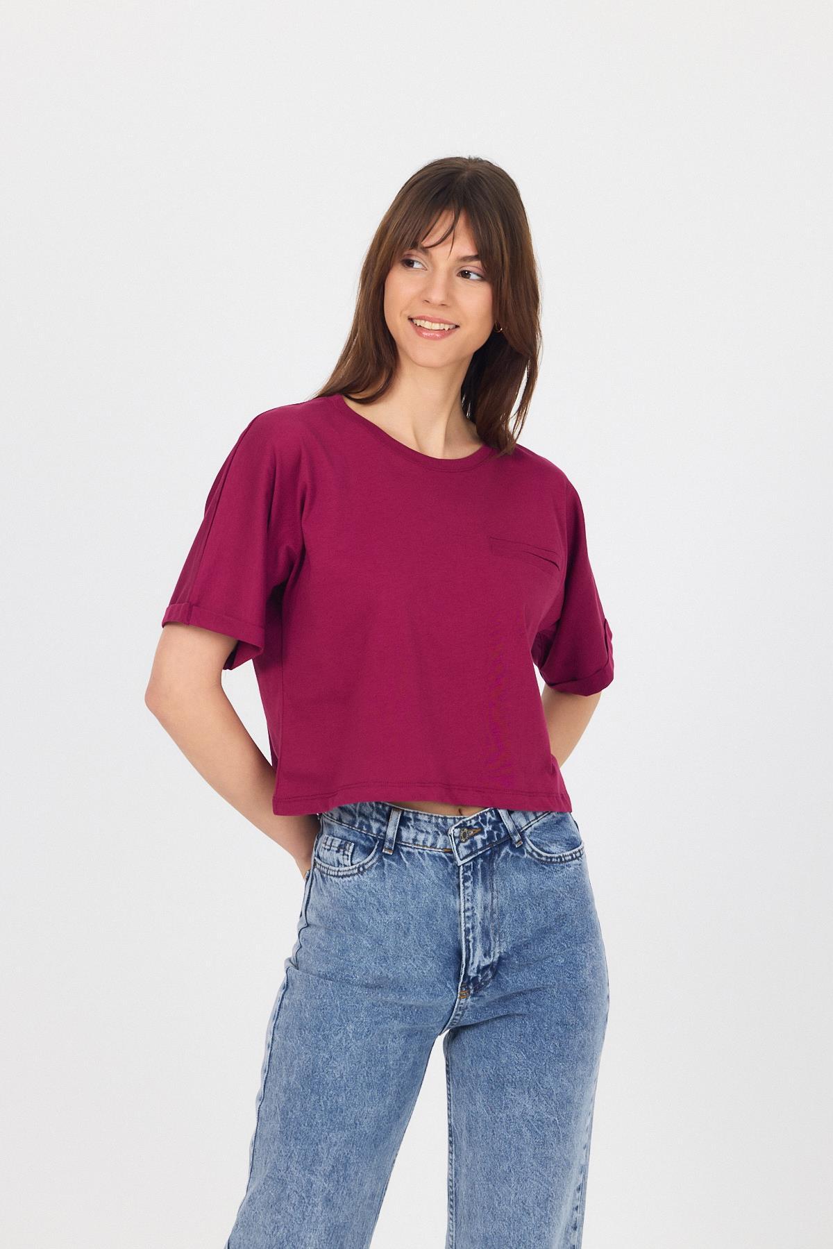 Bordo Cep Detaylı Bisiklet Yaka Crop Tişört 2136M - 7