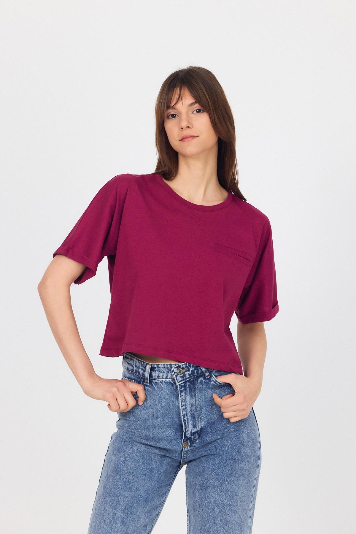 Bordo Sahte Cep Detaylı Bisiklet Yaka Crop Tişört 2136M - 6