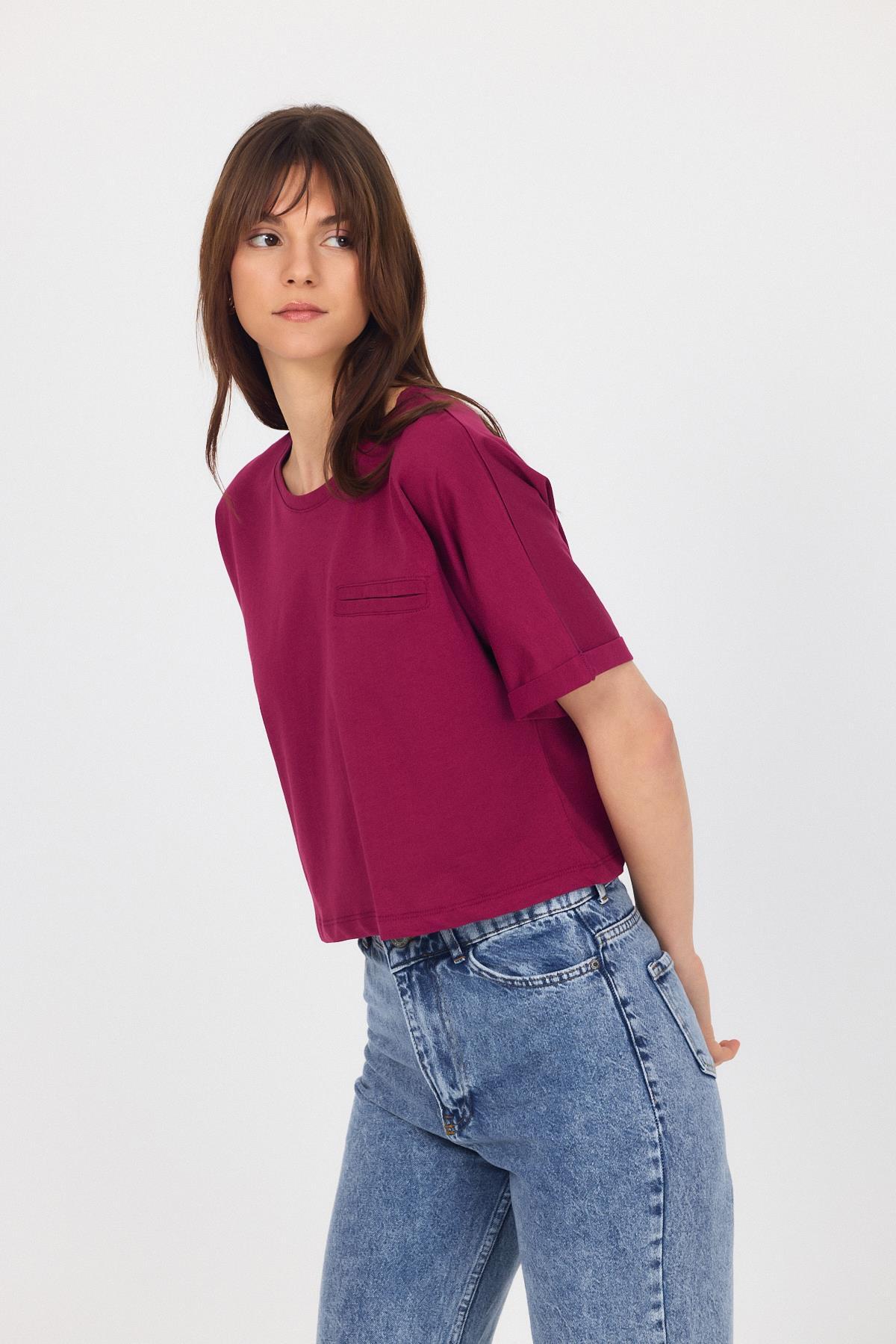 Bordo Cep Detaylı Bisiklet Yaka Crop Tişört 2136M - 2