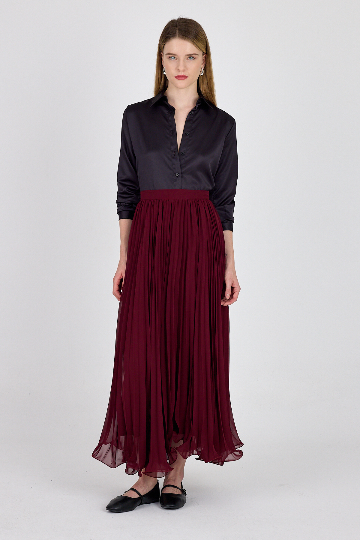 Bordo Şifon Piliseli Yüksek Bel Maxi Etek 1003 - 1