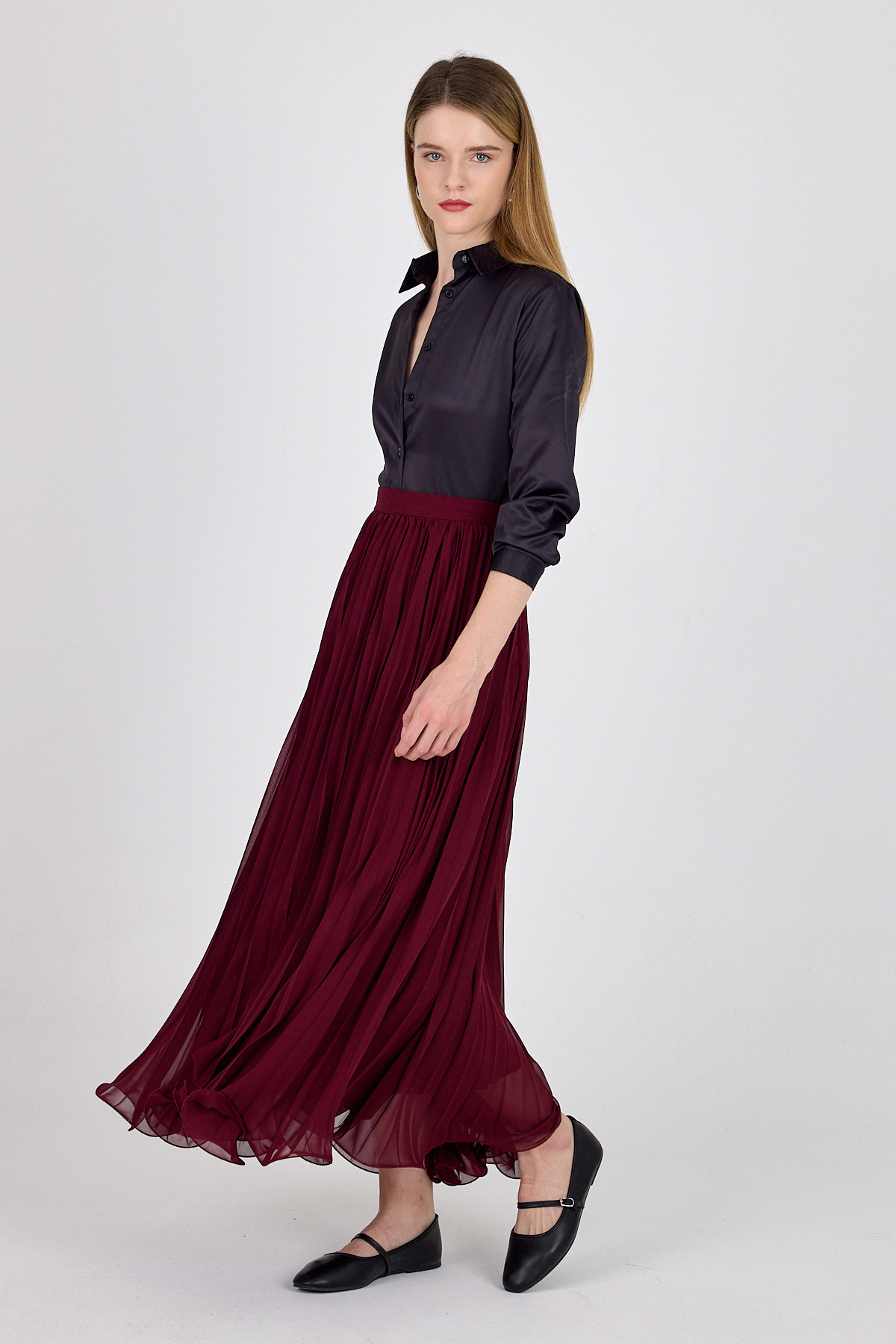 Bordo Şifon Piliseli Yüksek Bel Maxi Etek 1003 - 2