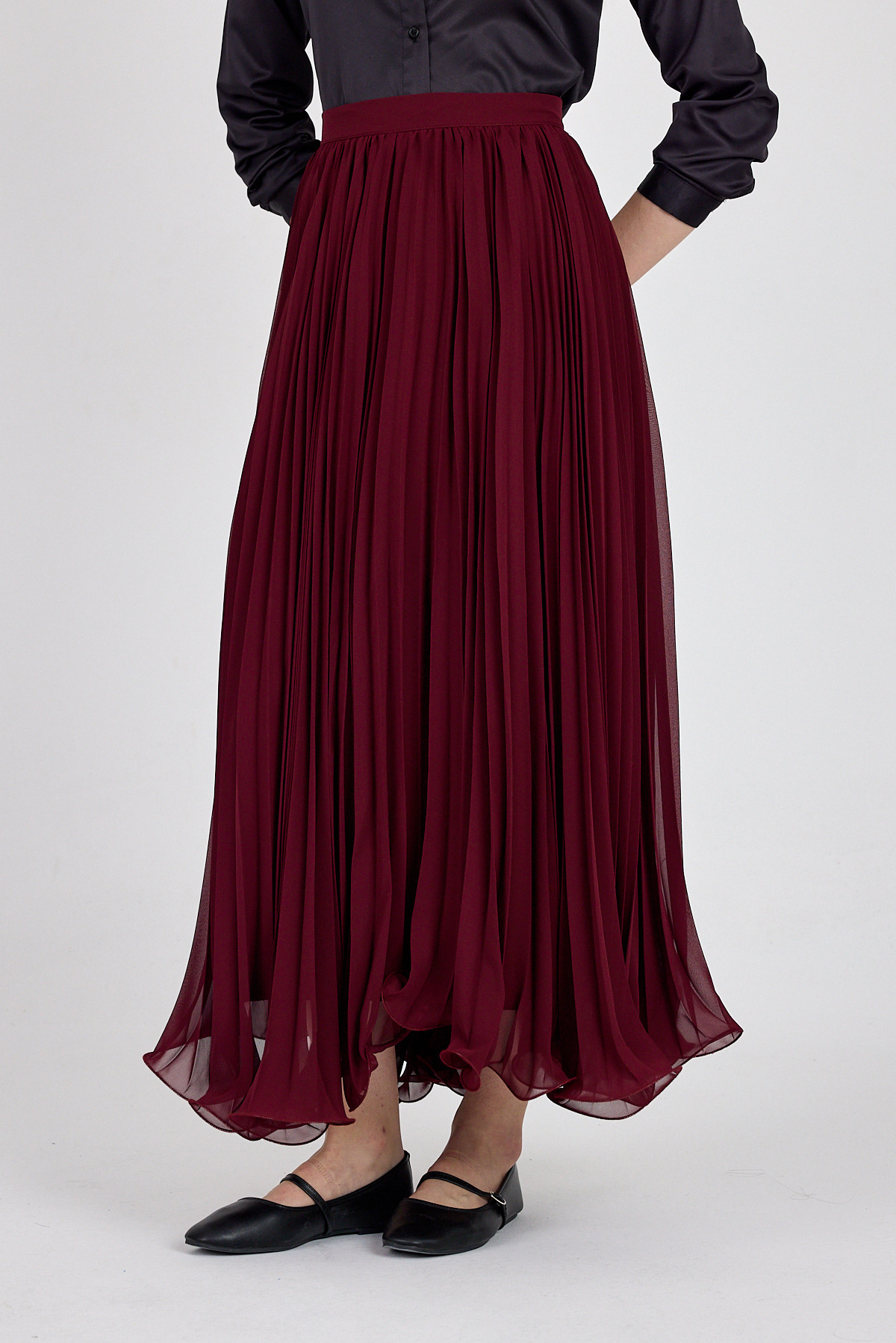 Bordo Şifon Piliseli Yüksek Bel Maxi Etek 1003 - 3