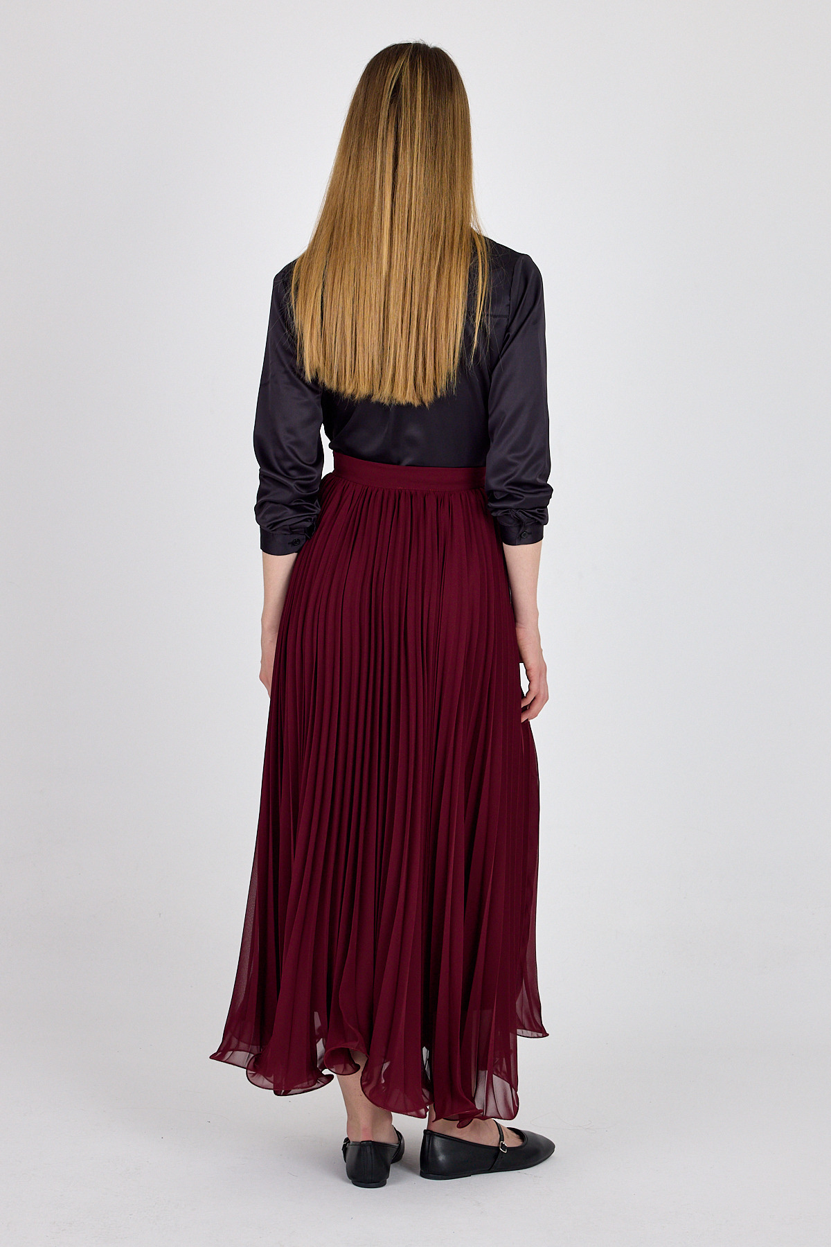 Bordo Şifon Piliseli Yüksek Bel Maxi Etek 1003 - 5