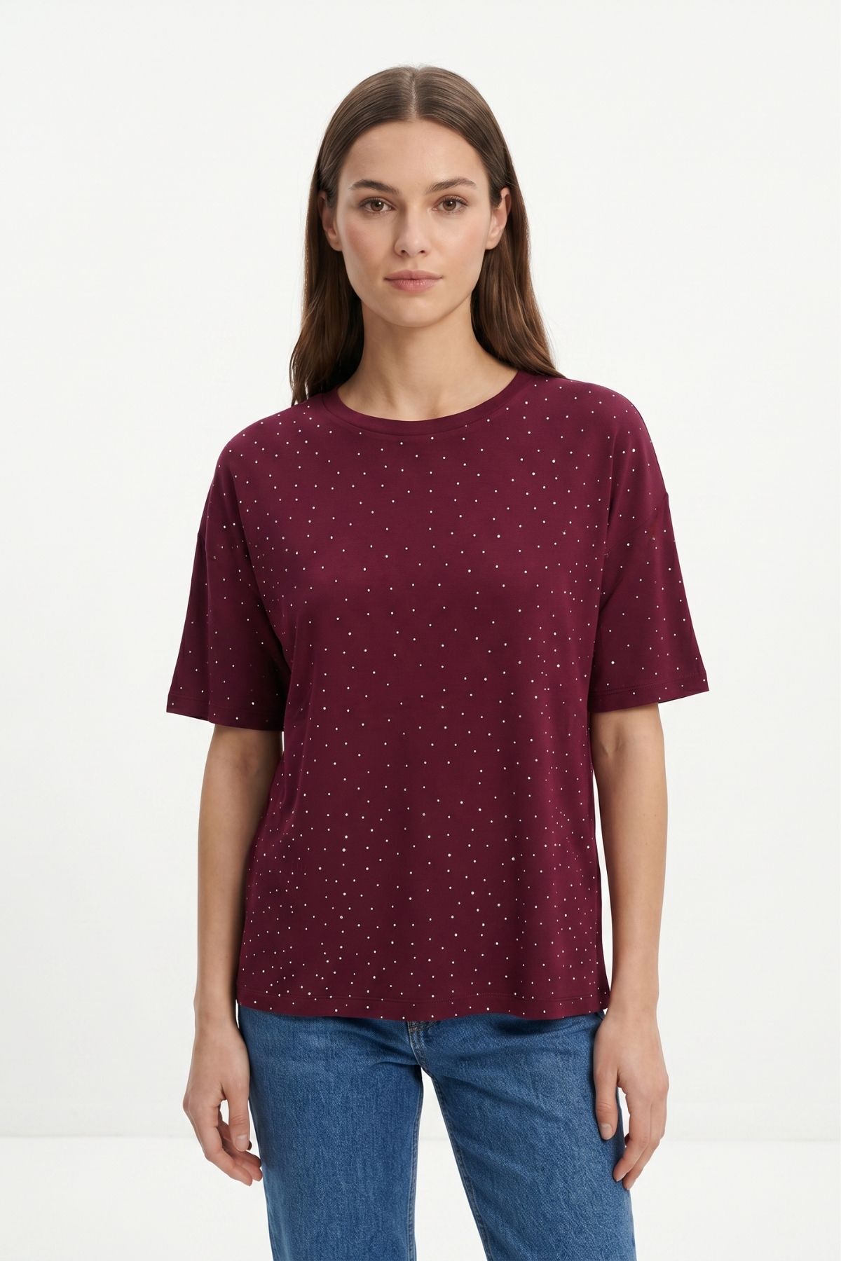 Taşlı Bisiklet Yaka Tişört 1762 Bordo - RAYS