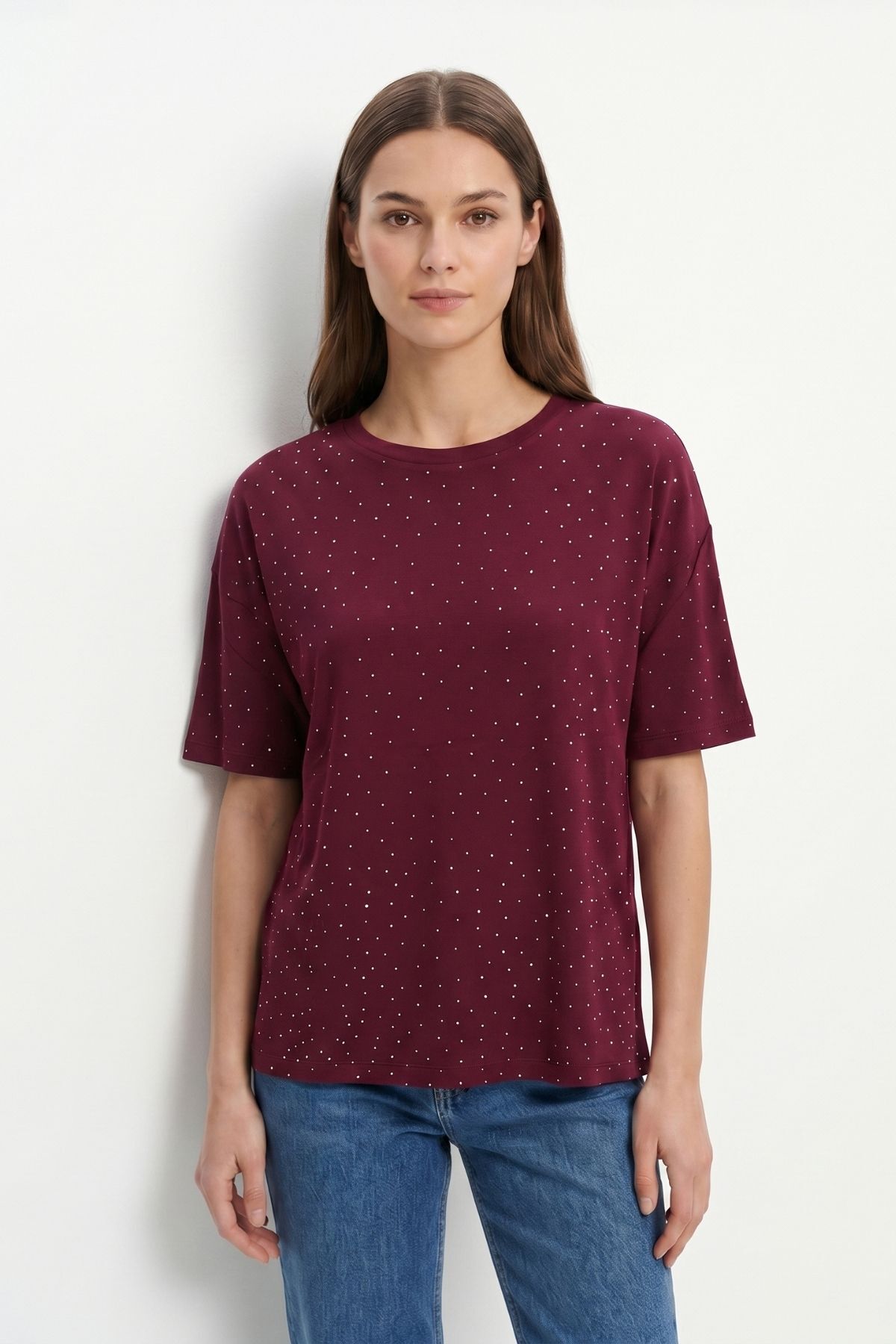 Bordo Taşlı Bisiklet Yaka Tişört 1762 - 1