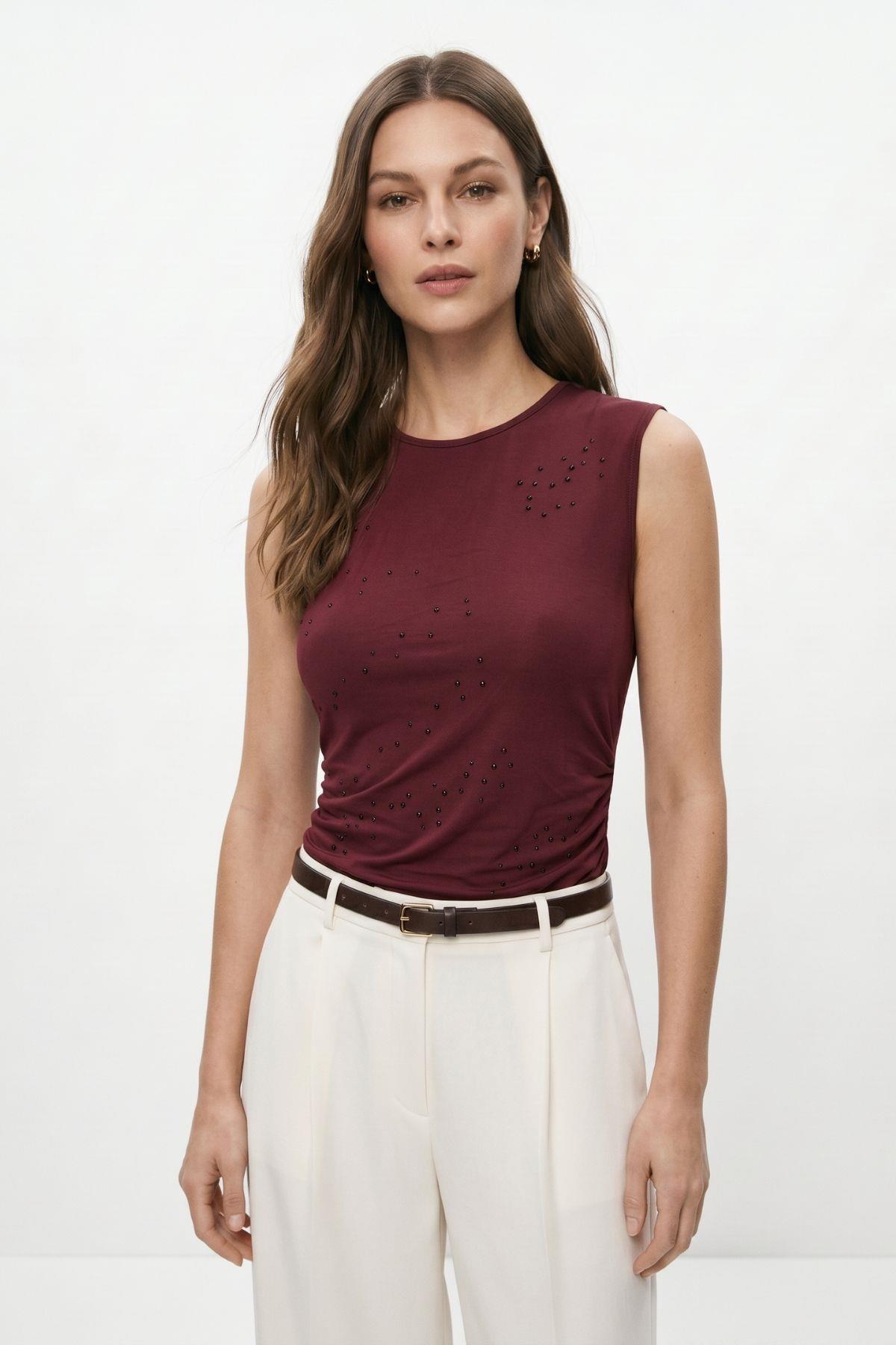 Bordo Taşlı Büzgülü Bluz 3656 - RAYS