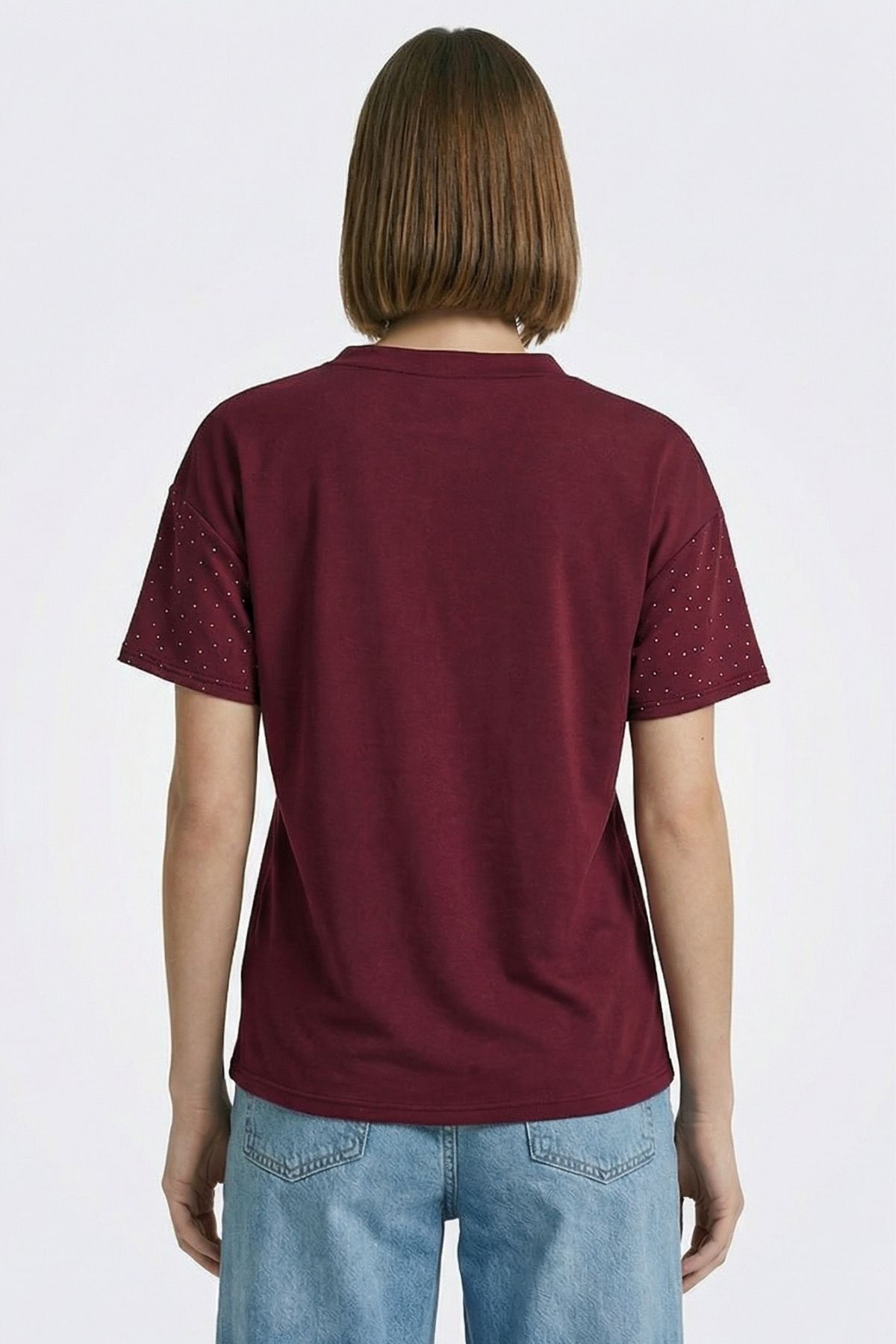 Bordo Taşlı V Yaka Kısa Kol Tişört 1761 - 3