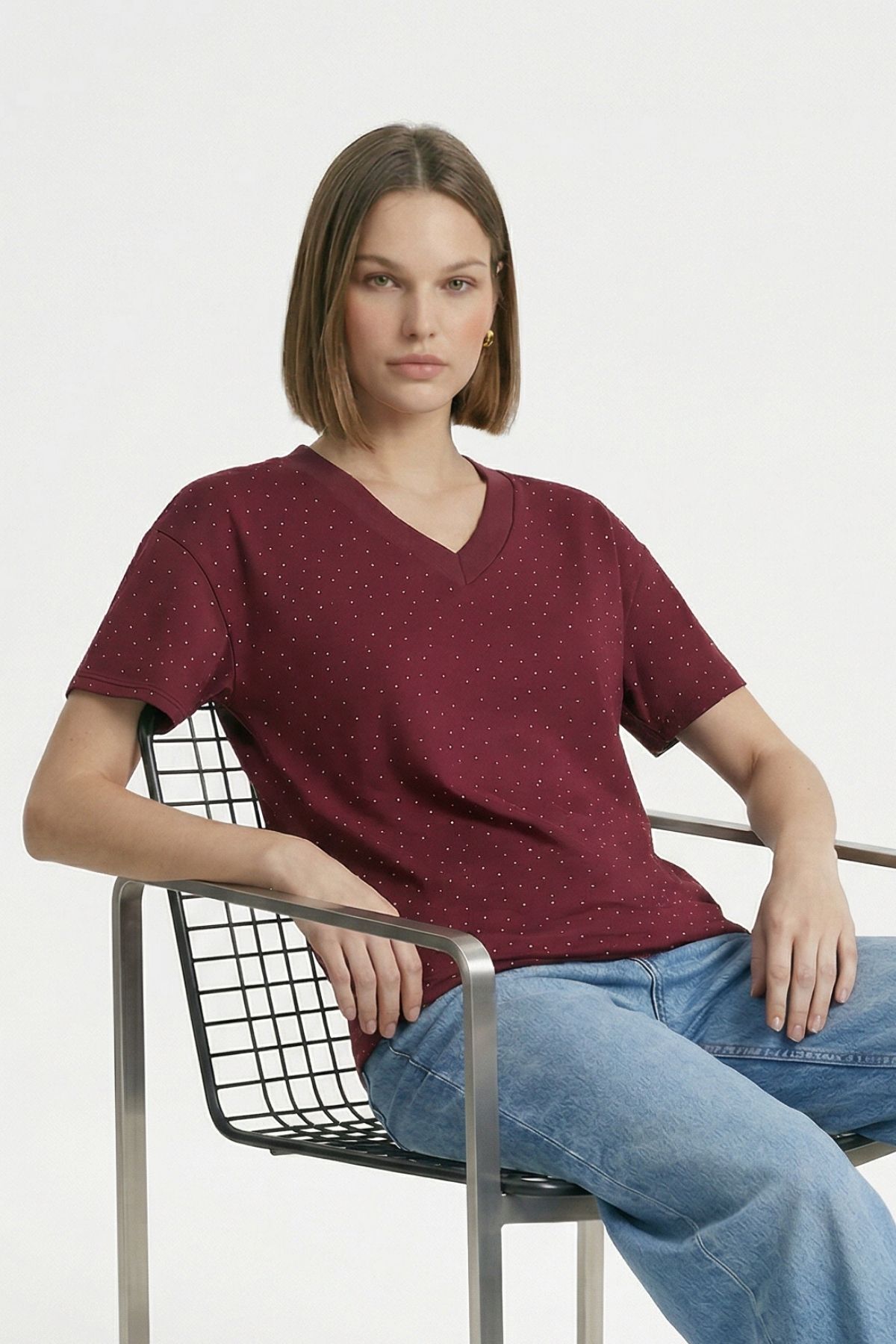 Bordo Taşlı V Yaka Kısa Kol Tişört 1761 - RAYS