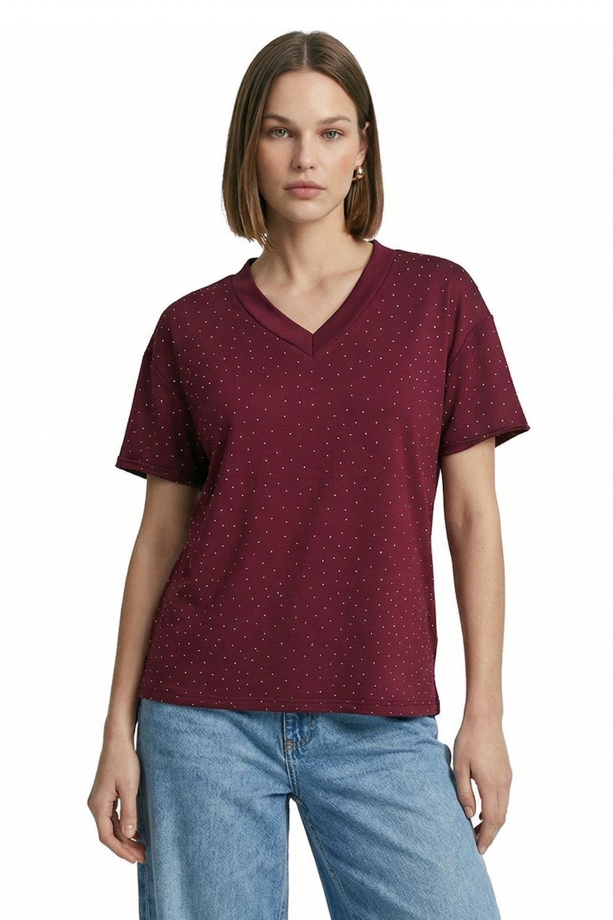 Bordo Taşlı V Yaka Kısa Kol Tişört 1761 - RAYS