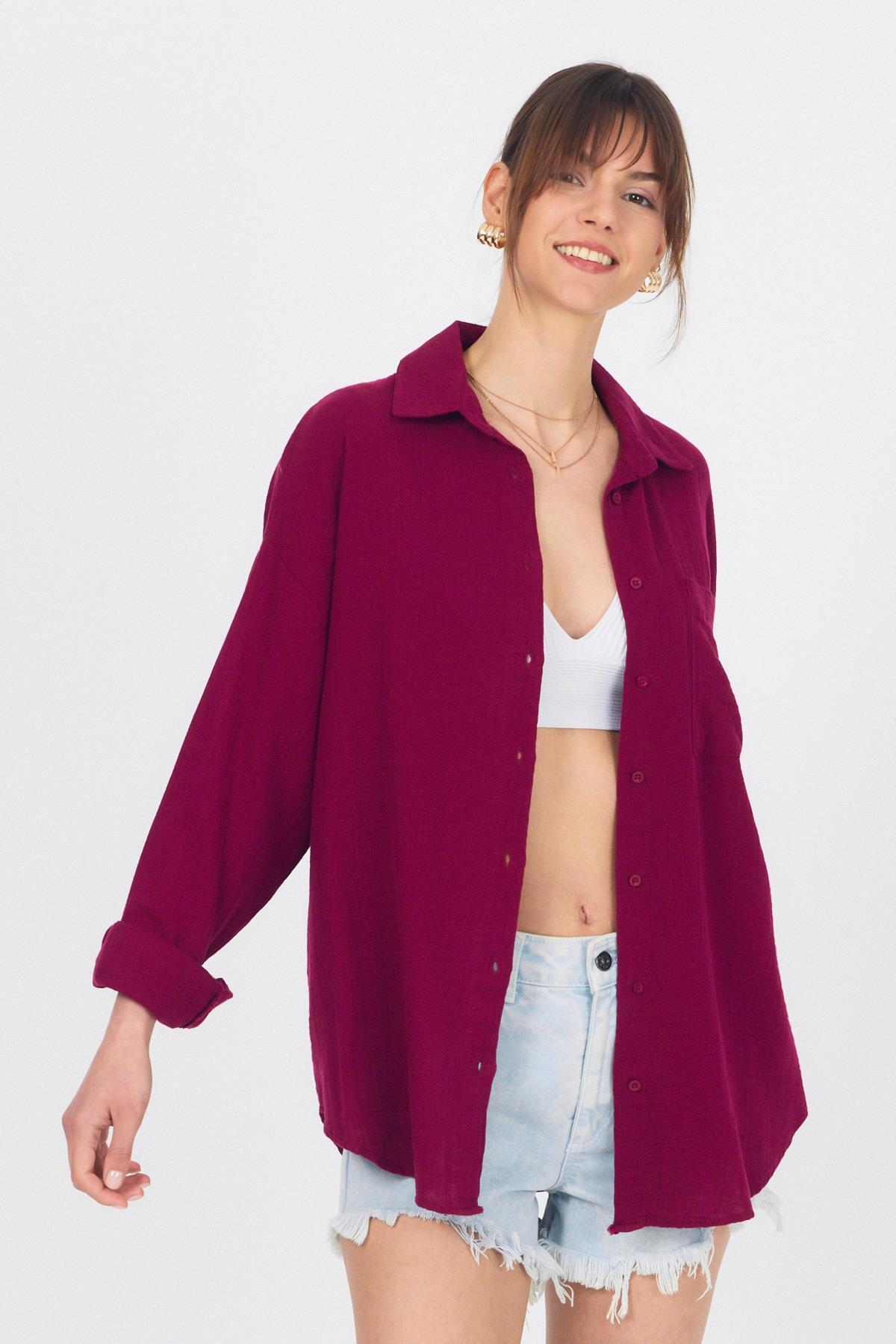 Bordo Tek Cepli %100 Pamuk Oversize Müslin Gömlek 4697A - 1