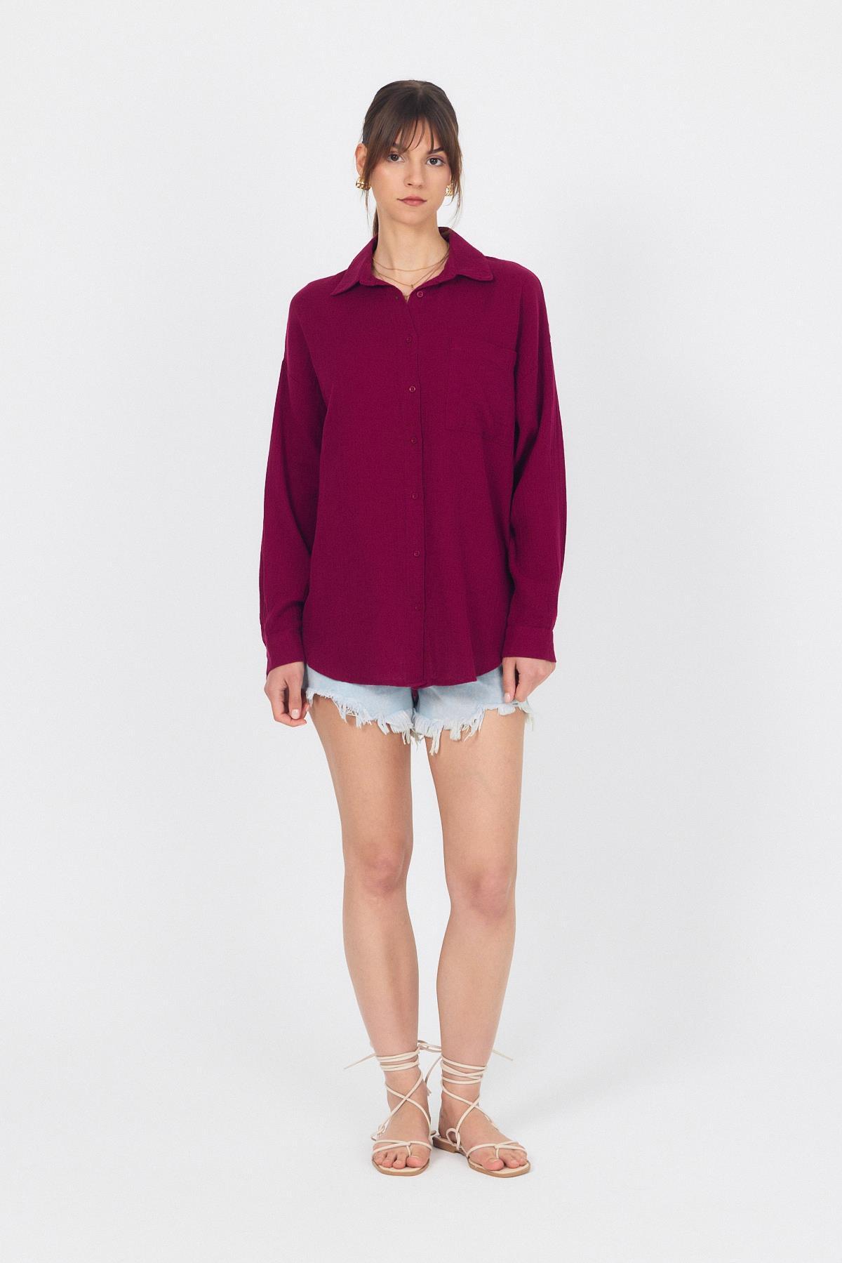 Bordo Tek Cepli %100 Pamuk Oversize Müslin Gömlek 4697A - 3