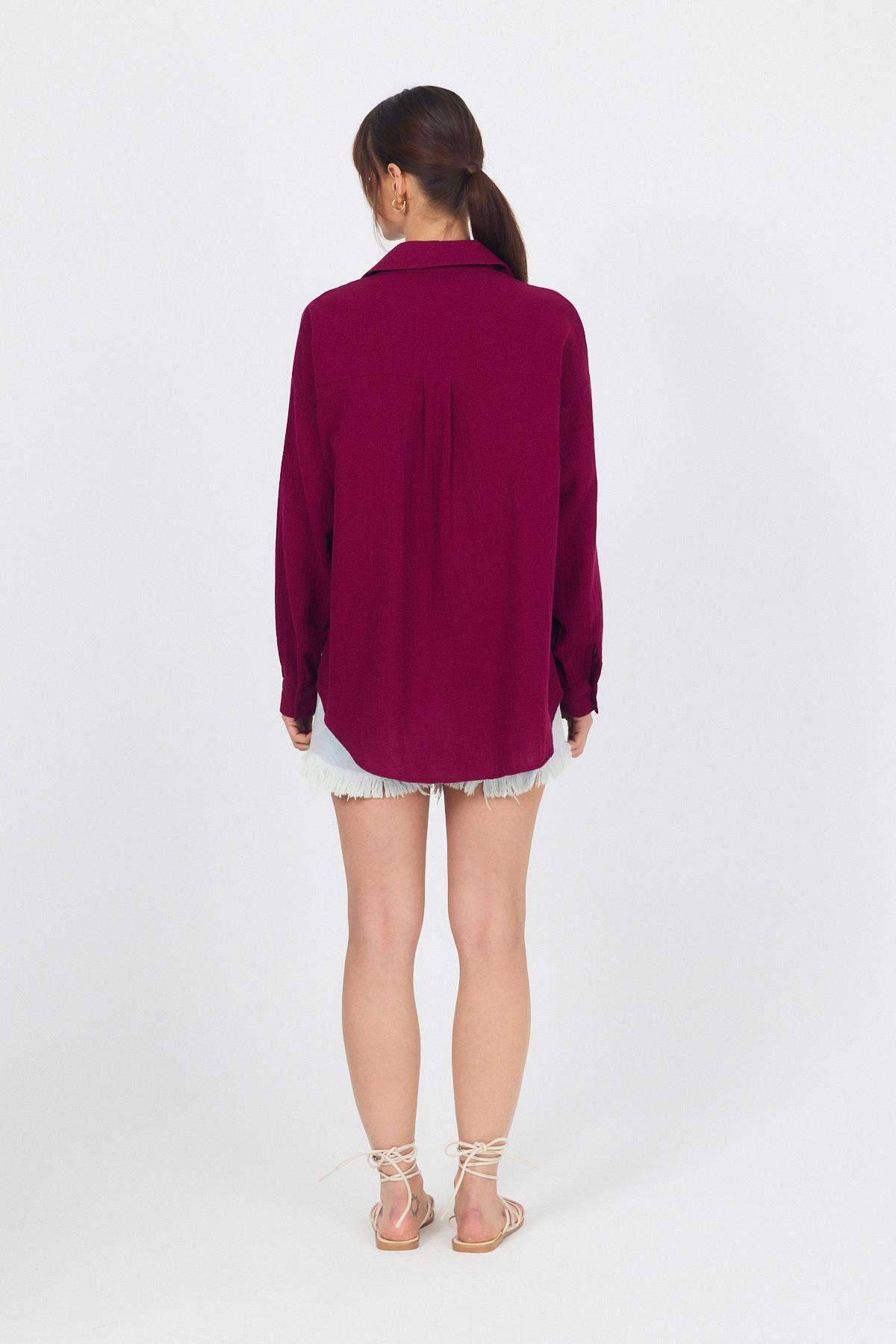 Bordo Tek Cepli %100 Pamuk Oversize Müslin Gömlek 4697A - 4