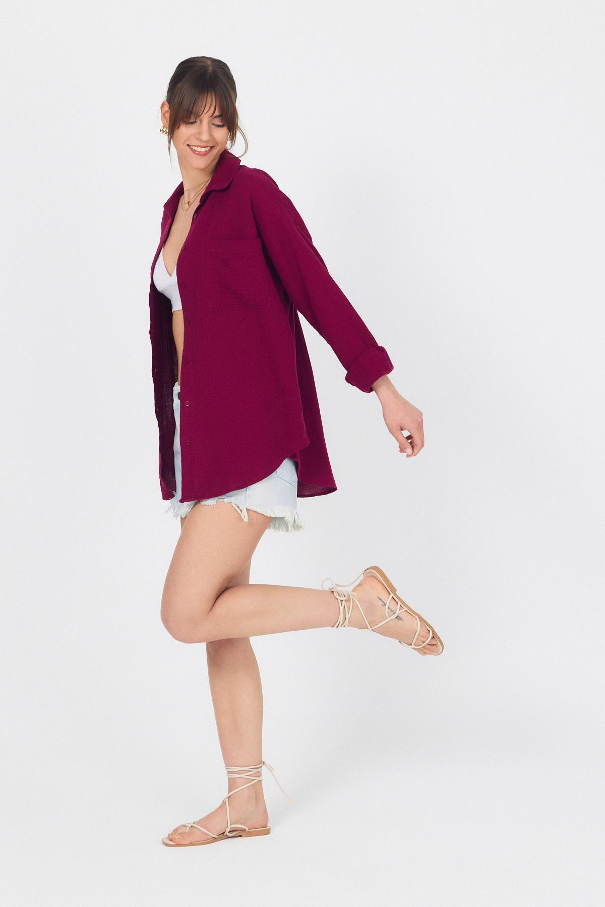 Bordo Tek Cepli %100 Pamuk Oversize Müslin Gömlek 4697A - 5