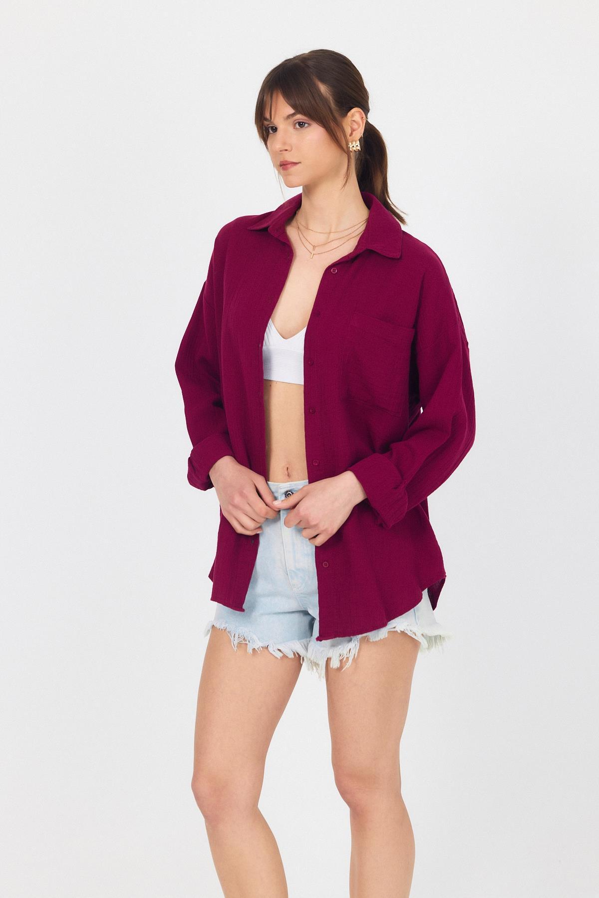 Bordo Tek Cepli %100 Pamuk Oversize Müslin Gömlek 4697A - 6