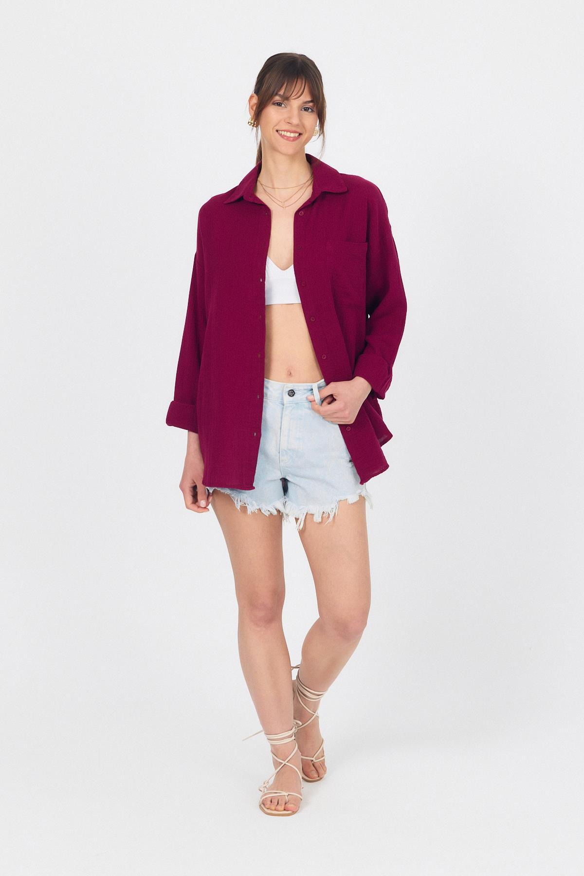 Bordo Tek Cepli %100 Pamuk Oversize Müslin Gömlek 4697A - 7