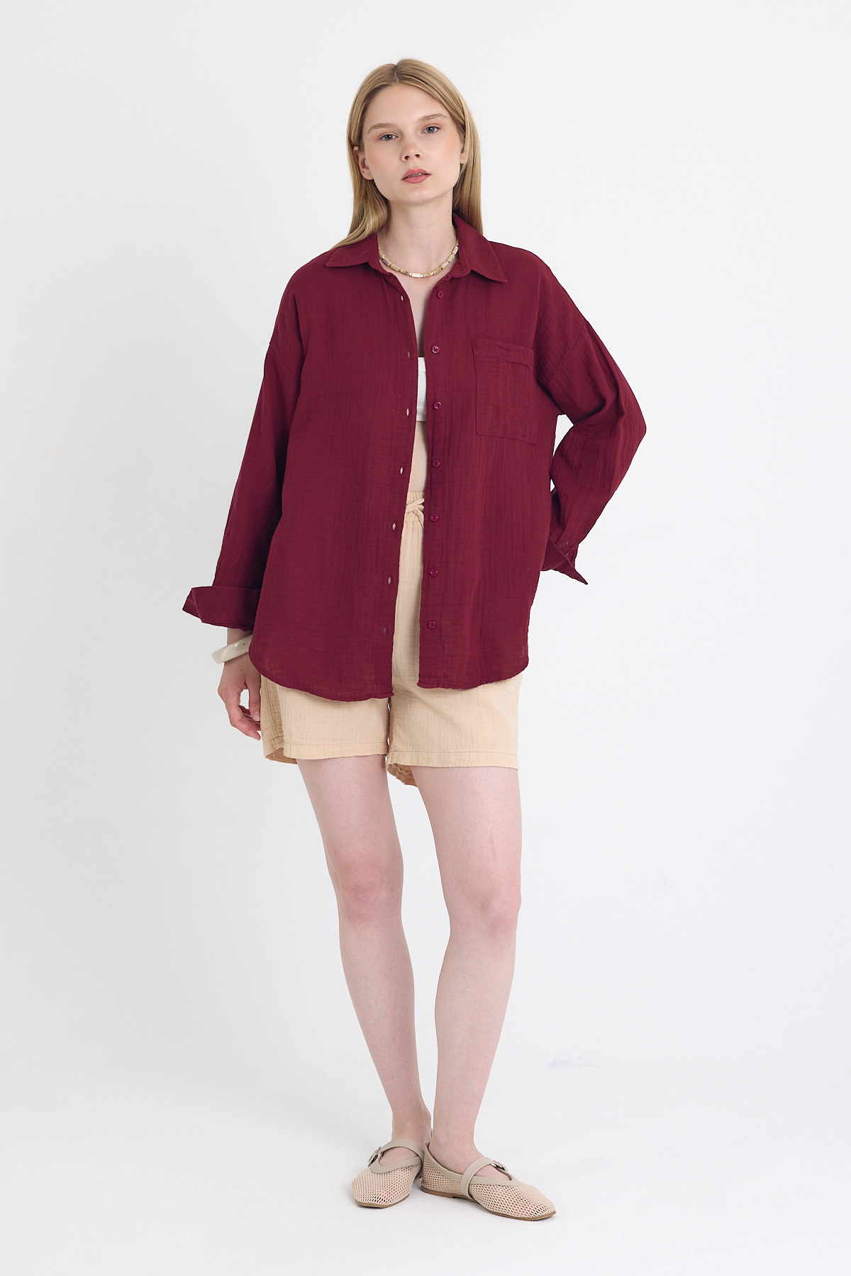 Bordo Tek Cepli %100 Pamuk Oversize Müslin Gömlek 4697A - 6